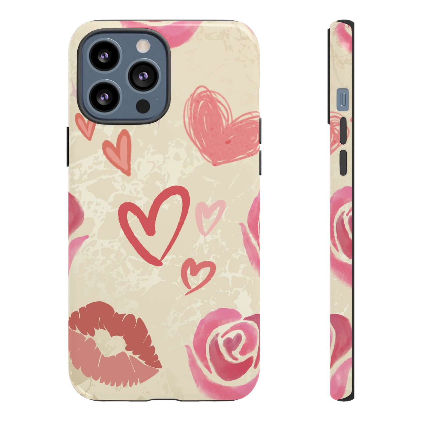 iPhone 13 Pro Max / Glossy Phone Case - ’Pink Heart & Rose Pattern’ Phone Case
