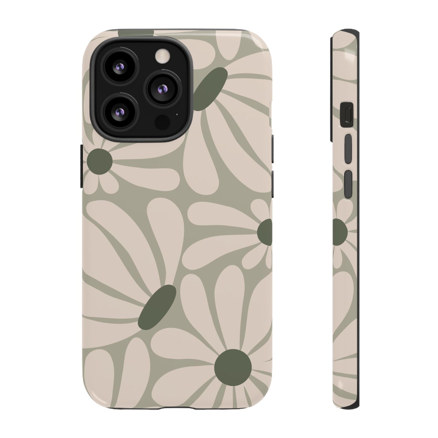 iPhone 13 Pro / Glossy Phone Case - ’Retro Cream & Green Daisy Pattern’ Phone Case