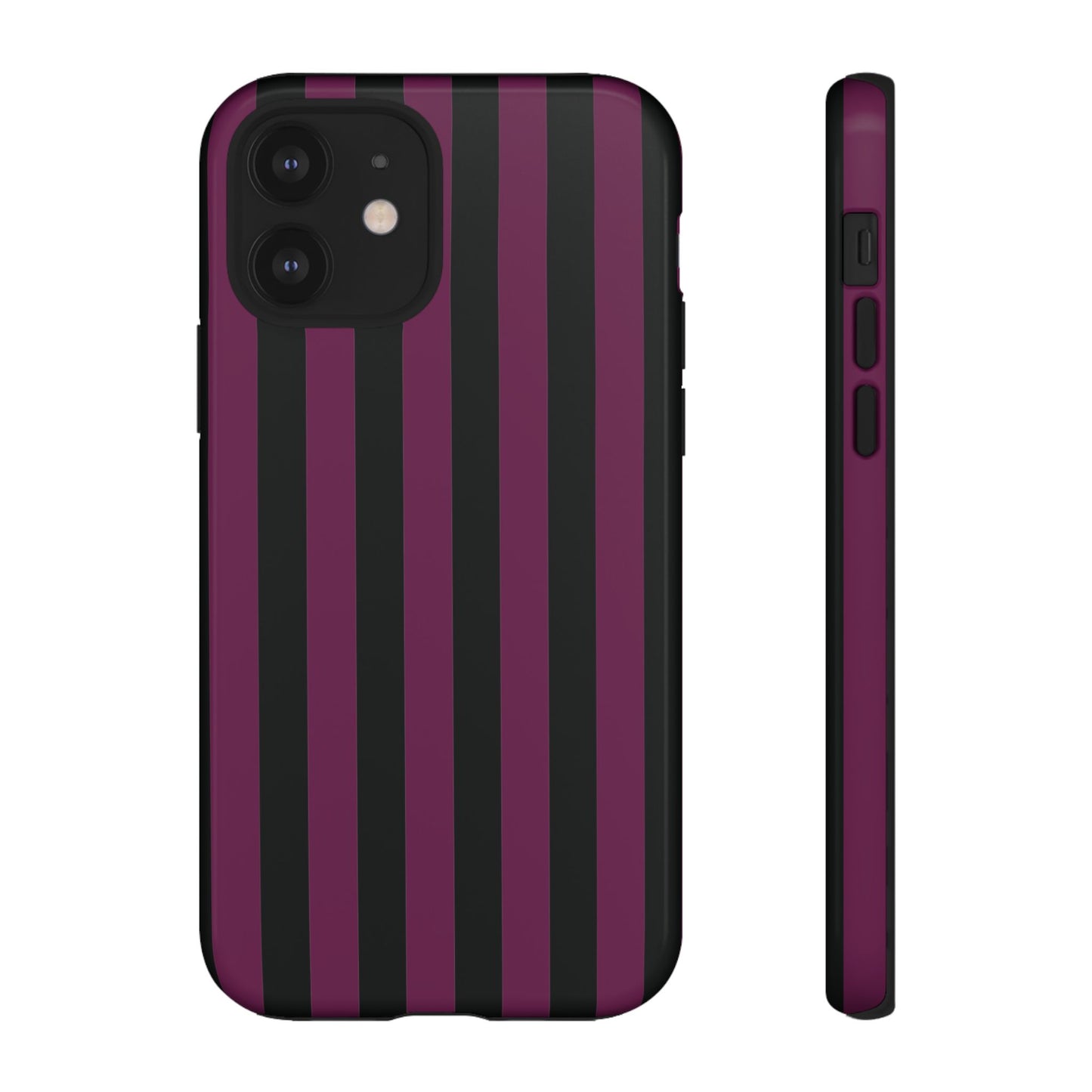 iPhone 12 / Glossy Phone Case - Trendy Plum & Black Stripe Pattern Phone Case