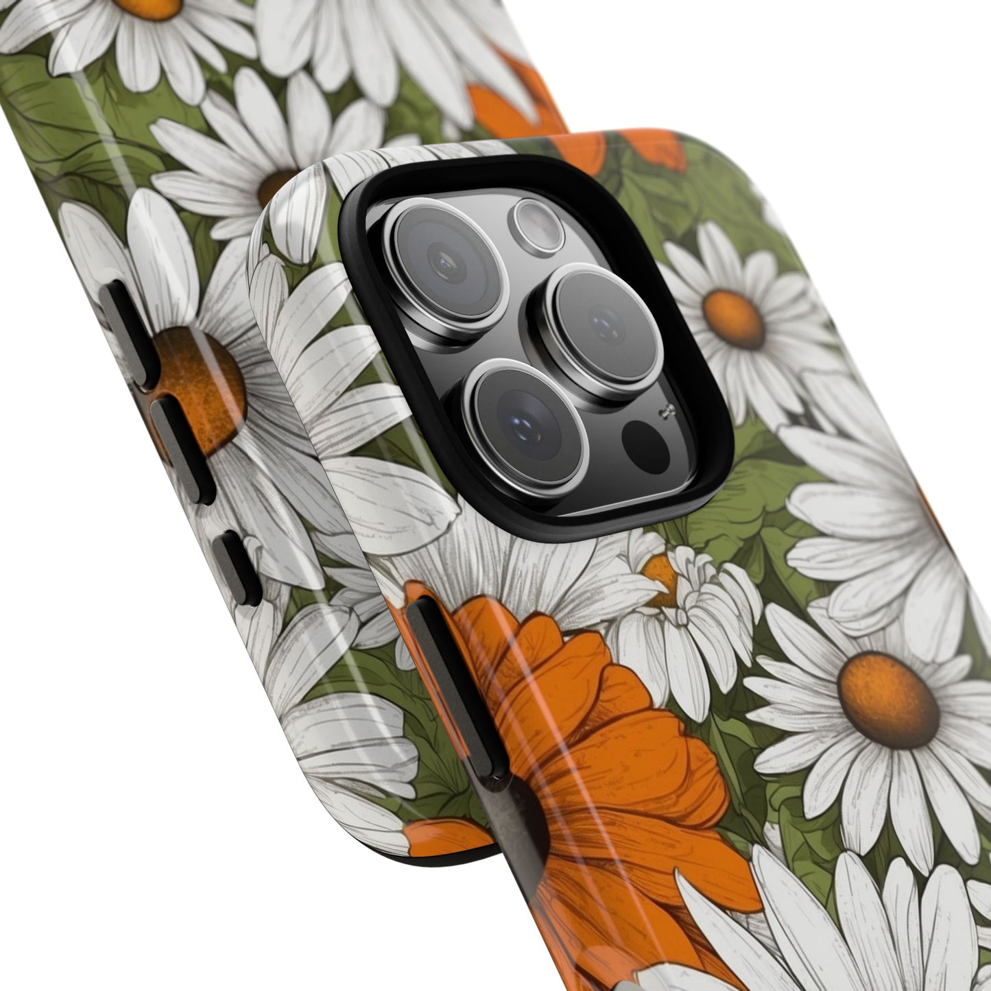 Boho Chic Daisies Floral Pattern "White, Orange & Green" Phone Case