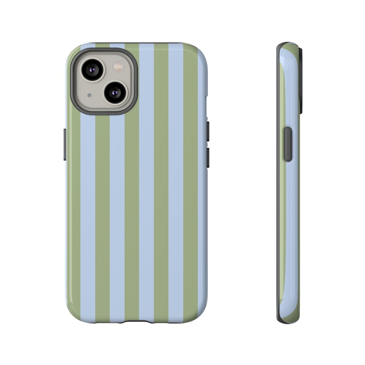 iPhone 14 / Glossy Phone Case - Trendy Ice Blue & Green Stripe Pattern Phone Case