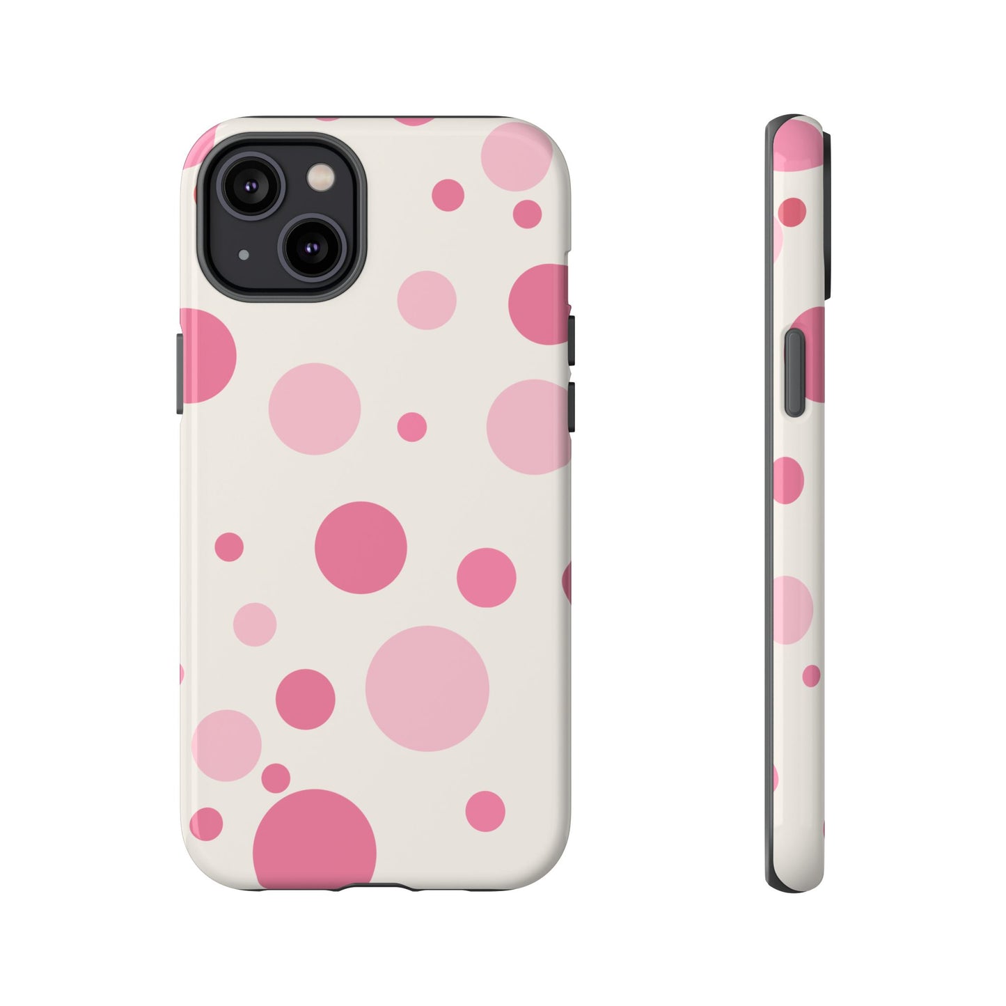 iPhone 14 Plus / Glossy Phone Case - ’Bold White with Pink Dot Pattern’ Phone Case