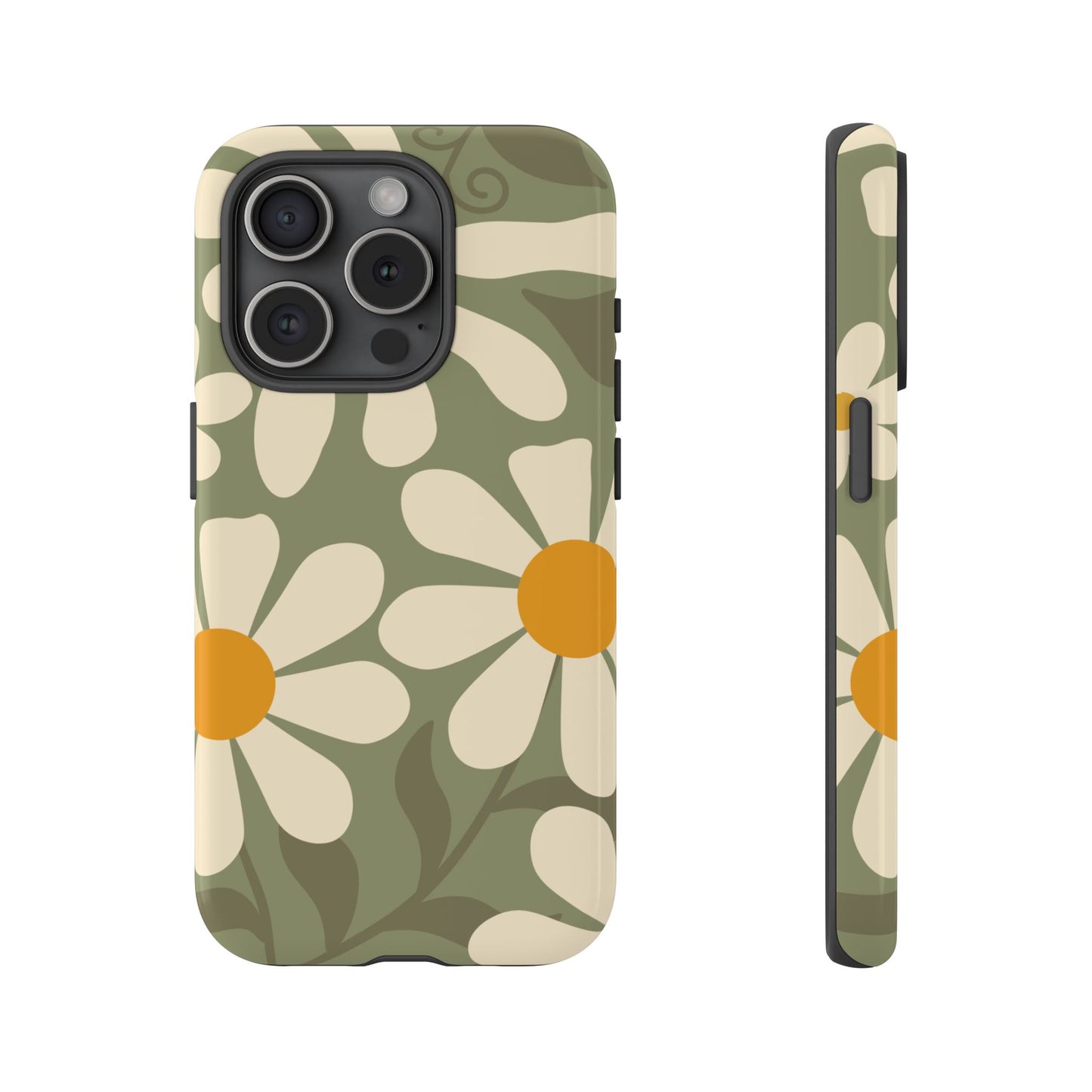 iPhone 15 Pro / Glossy Phone Case - ’Retro Green Daisy Pattern #2’ Phone Case
