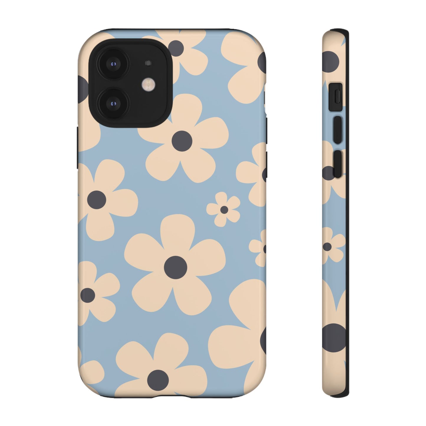 iPhone 12 / Glossy Phone Case - Cute Light Blue & Cream Daisy Pattern Phone Case