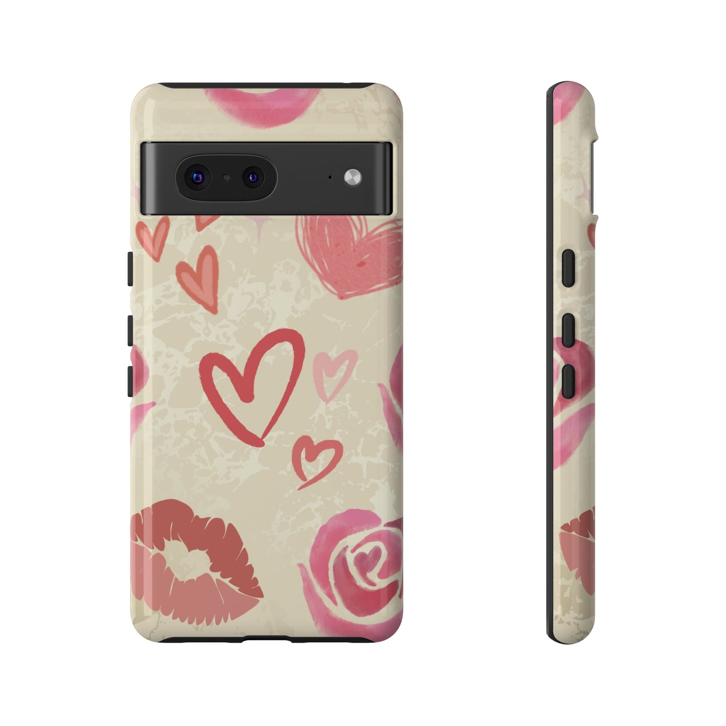 Google Pixel 7 / Glossy Phone Case - ’Pink Heart & Rose Pattern’ Phone Case