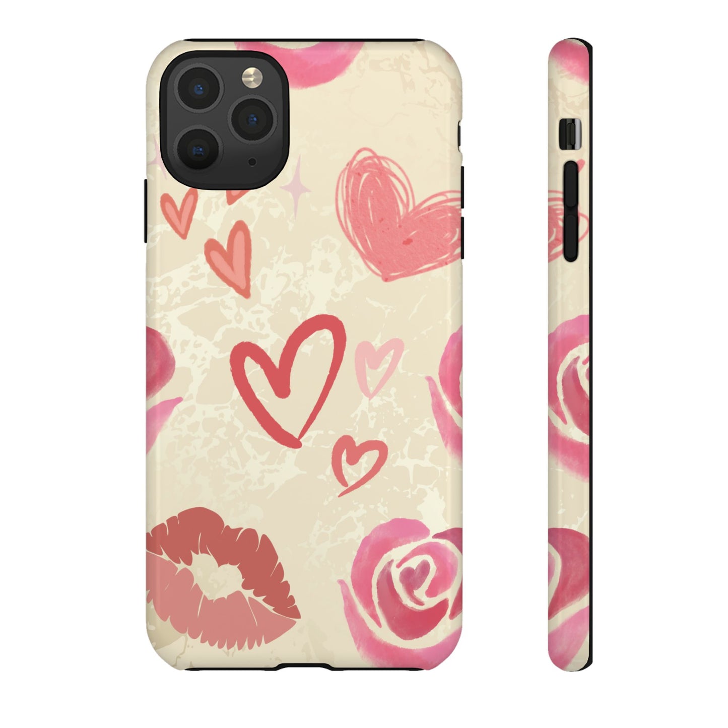 iPhone 11 Pro Max / Glossy Phone Case - ’Pink Heart & Rose Pattern’ Phone Case