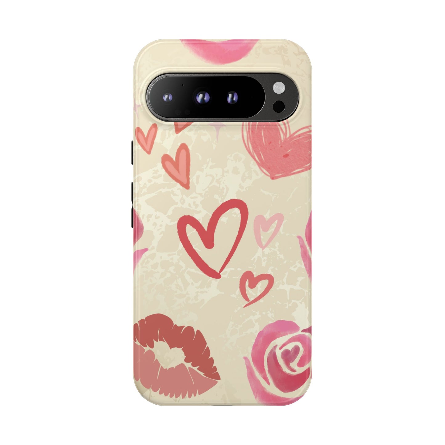 Google Pixel 9 Pro XL / Glossy Phone Case - ’Pink Heart & Rose Pattern’ Phone Case