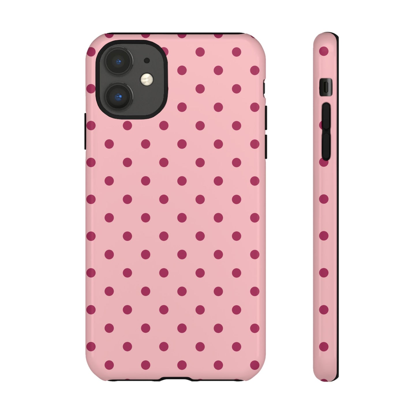 iPhone 11 / Glossy Phone Case - ’Pink with Red Dot Pattern’ Phone Case