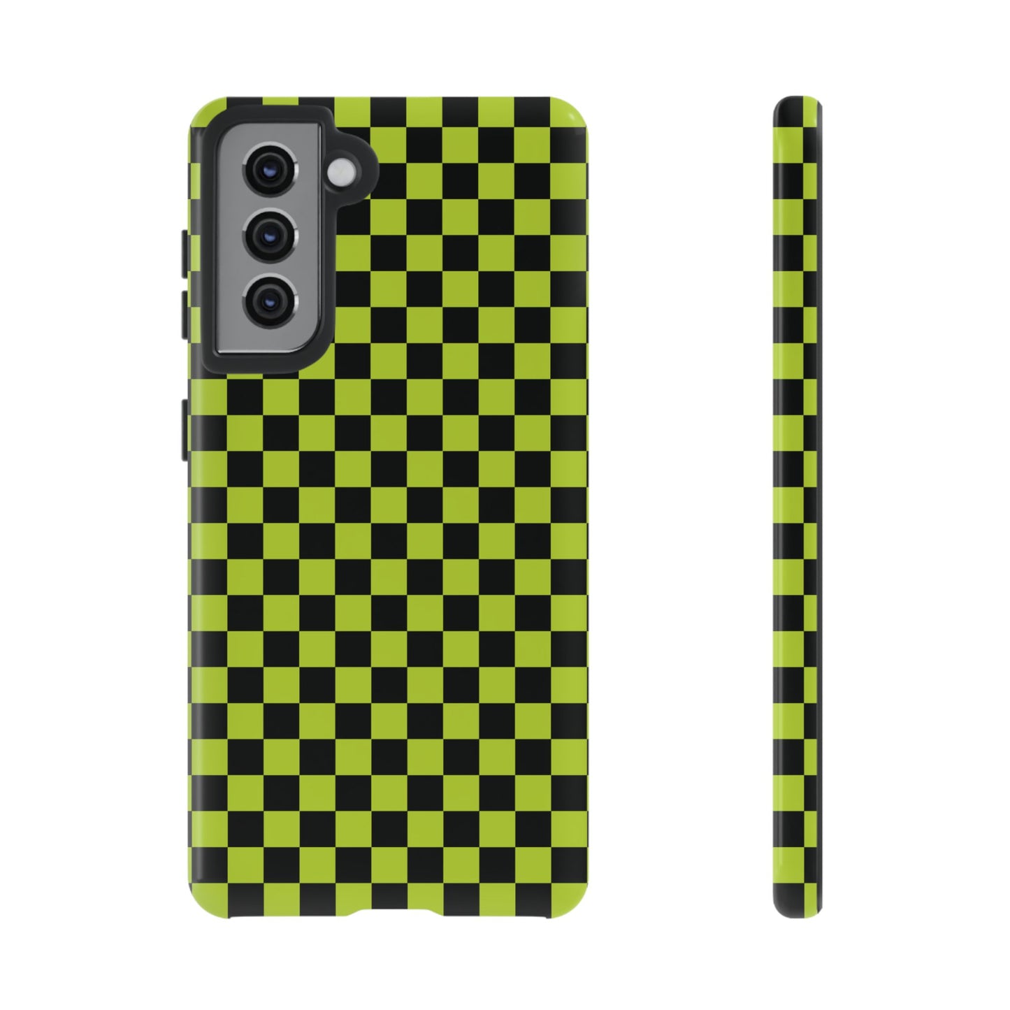 Samsung Galaxy S21 / Glossy Phone Case - Trendy Neon Lime Green & Plum Small Checked Pattern Phone Case