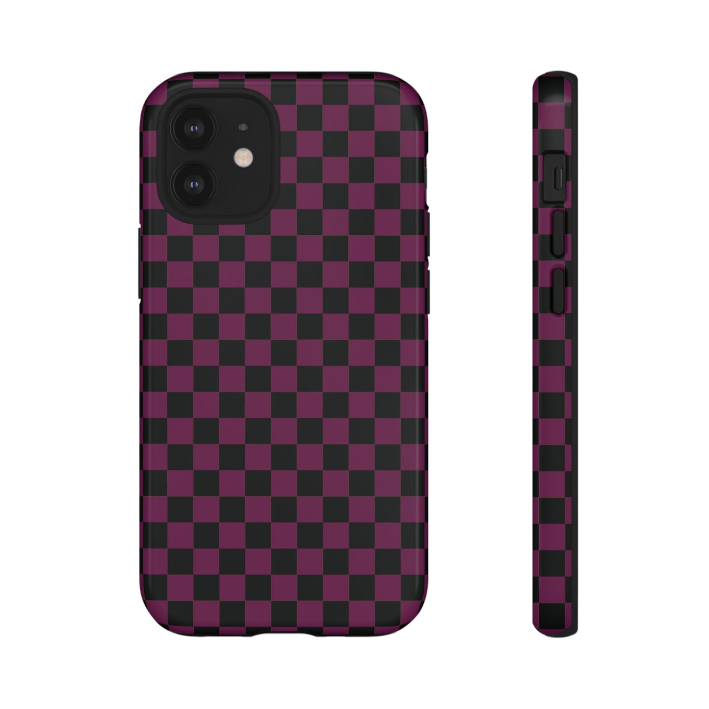 iPhone 12 Mini / Glossy Phone Case - Trendy Plum & Black Small Checked Pattern Phone Case