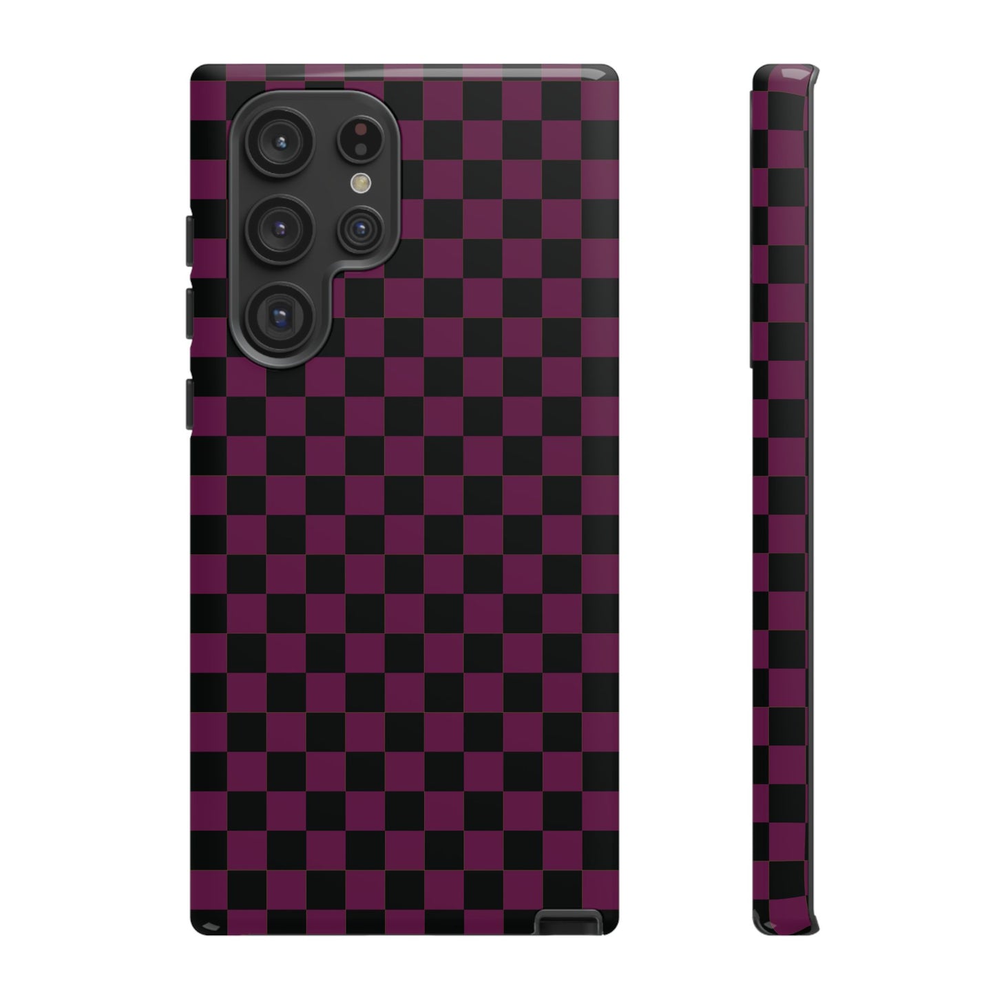 Samsung Galaxy S22 Ultra / Glossy Phone Case - Trendy Plum & Black Small Checked Pattern Phone Case