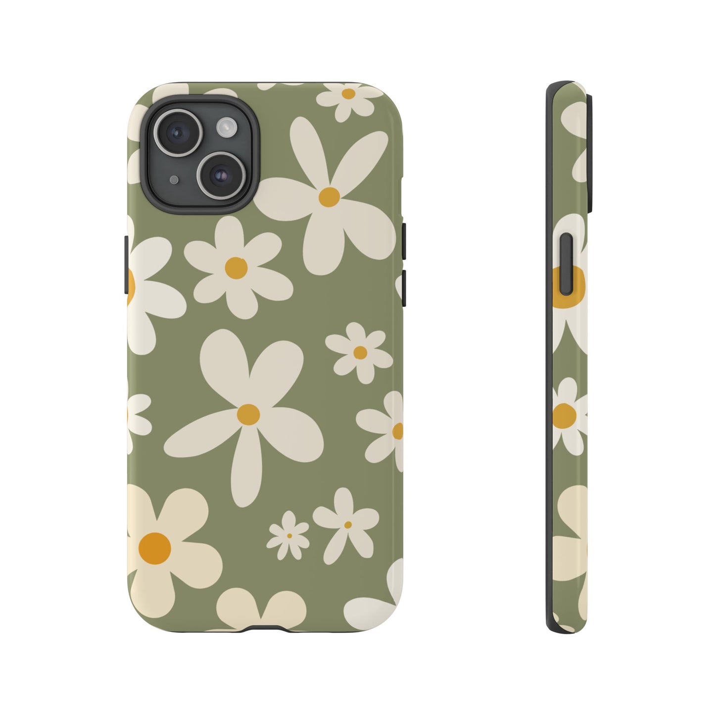 iPhone 15 Plus / Glossy Phone Case - ’Green Daisy Pattern’ Phone Case