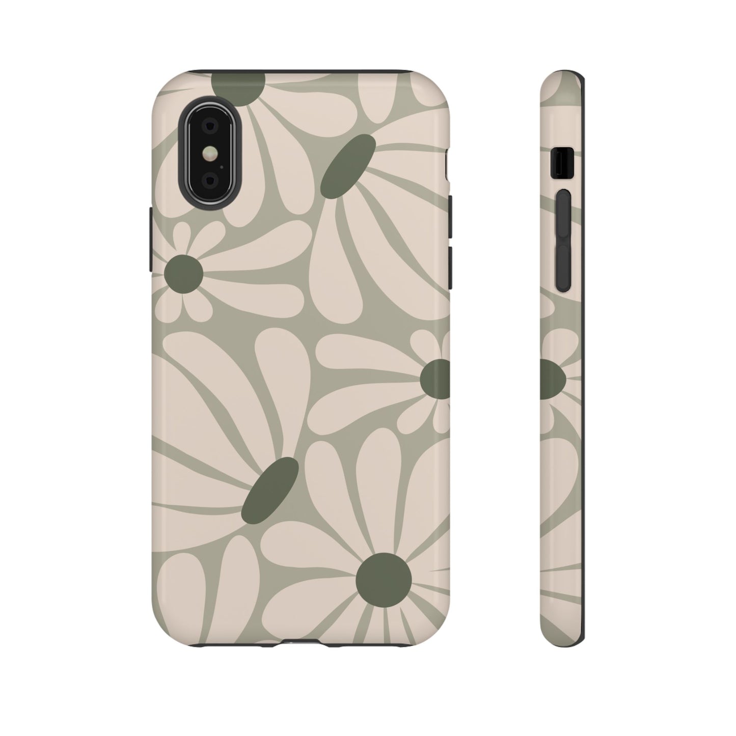 iPhone X / Glossy Phone Case - ’Retro Cream & Green Daisy Pattern’ Phone Case
