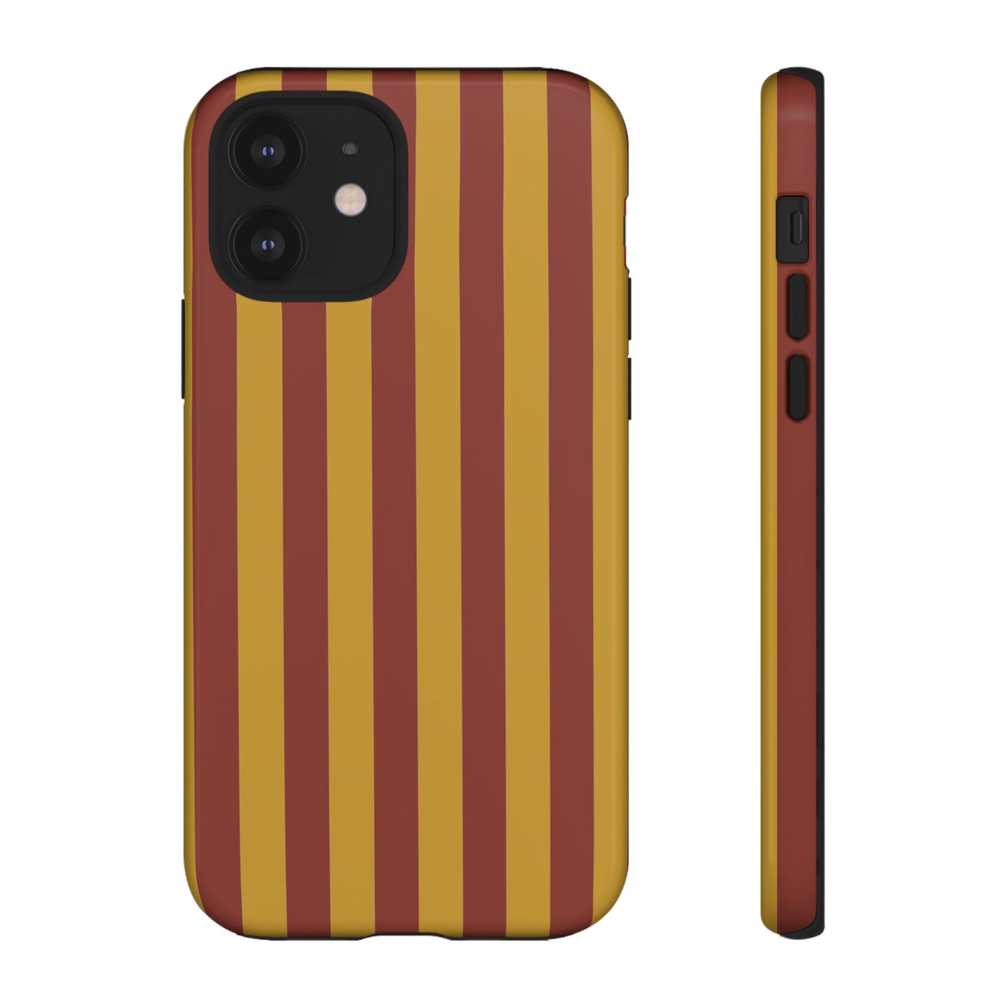 iPhone 12 / Glossy Phone Case - Trendy Mustard & Burgandy Stripe Pattern Phone Case
