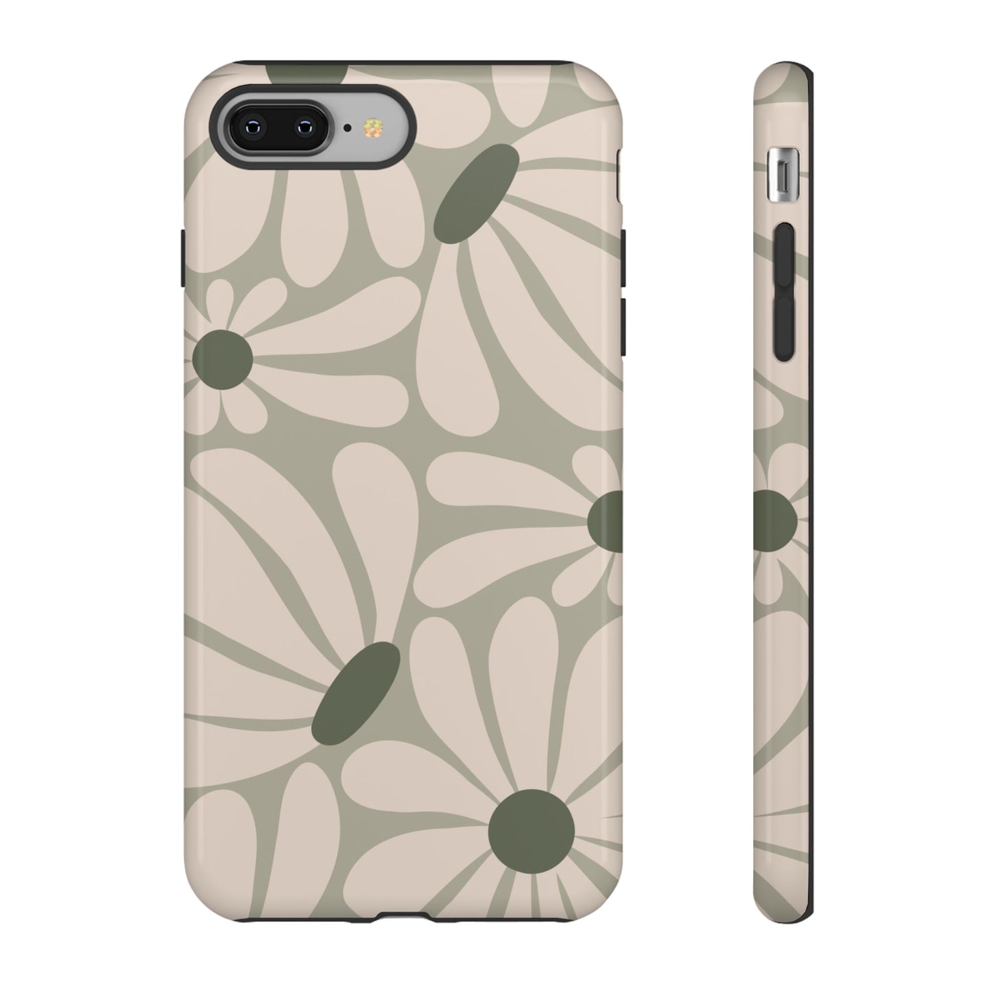 iPhone 8 Plus / Glossy Phone Case - ’Retro Cream & Green Daisy Pattern’ Phone Case