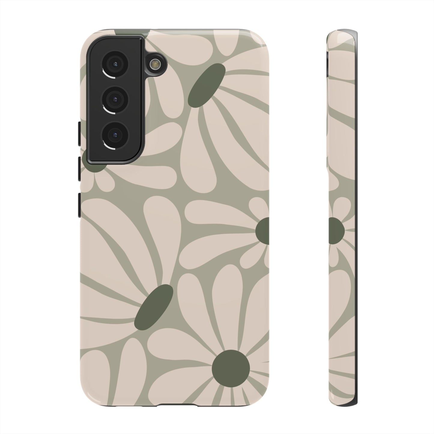 Samsung Galaxy S22 / Glossy Phone Case - ’Retro Cream & Green Daisy Pattern’ Phone Case