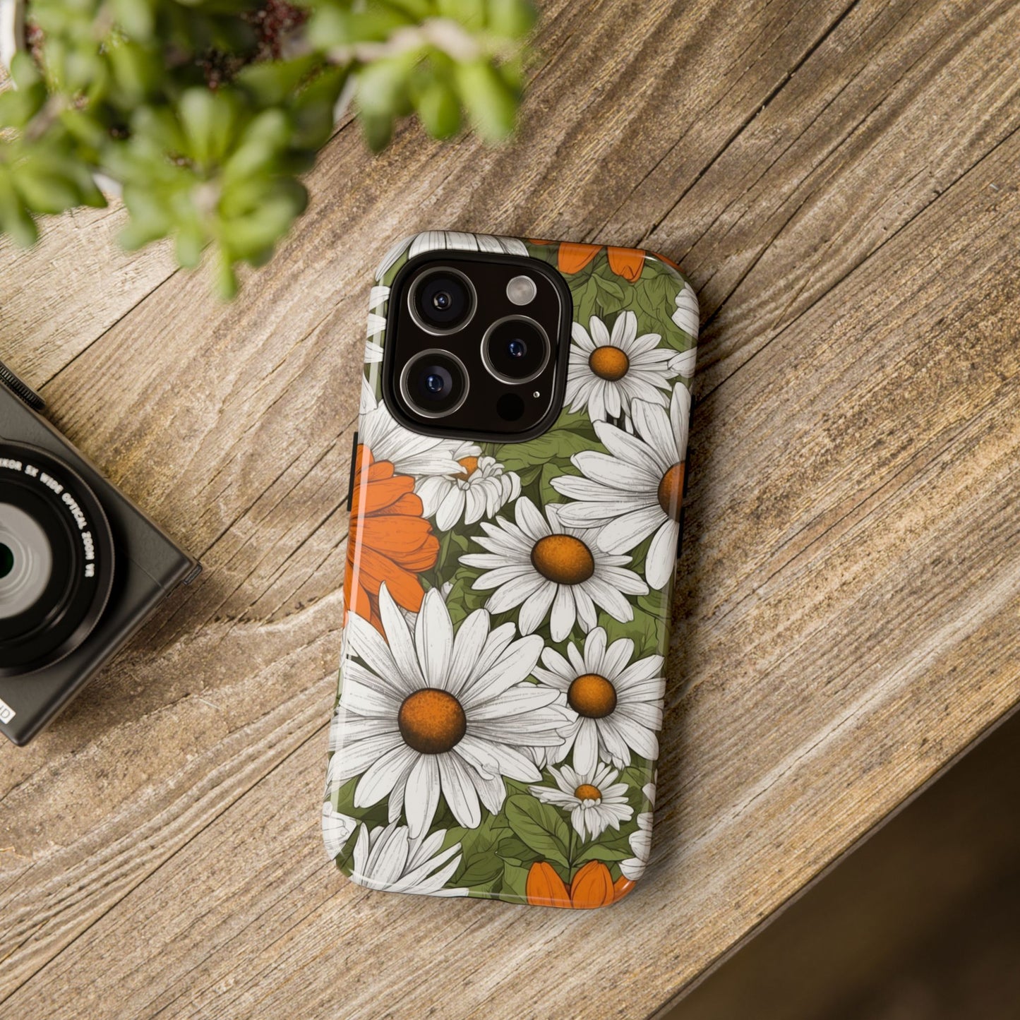 Boho Chic Daisies Floral Pattern "White, Orange & Green" Phone Case