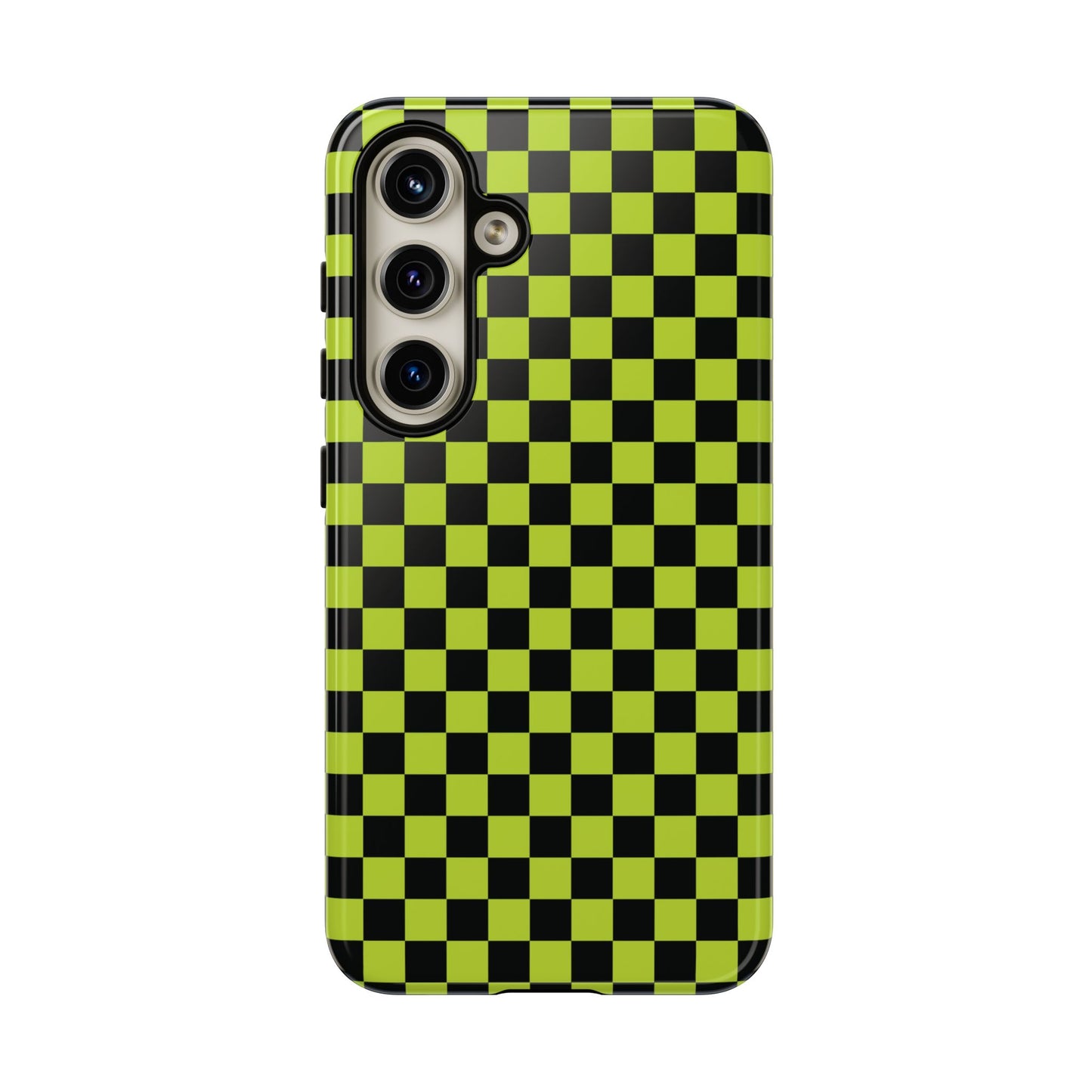 Samsung Galaxy S24 / Glossy Phone Case - Trendy Neon Lime Green & Plum Small Checked Pattern Phone Case