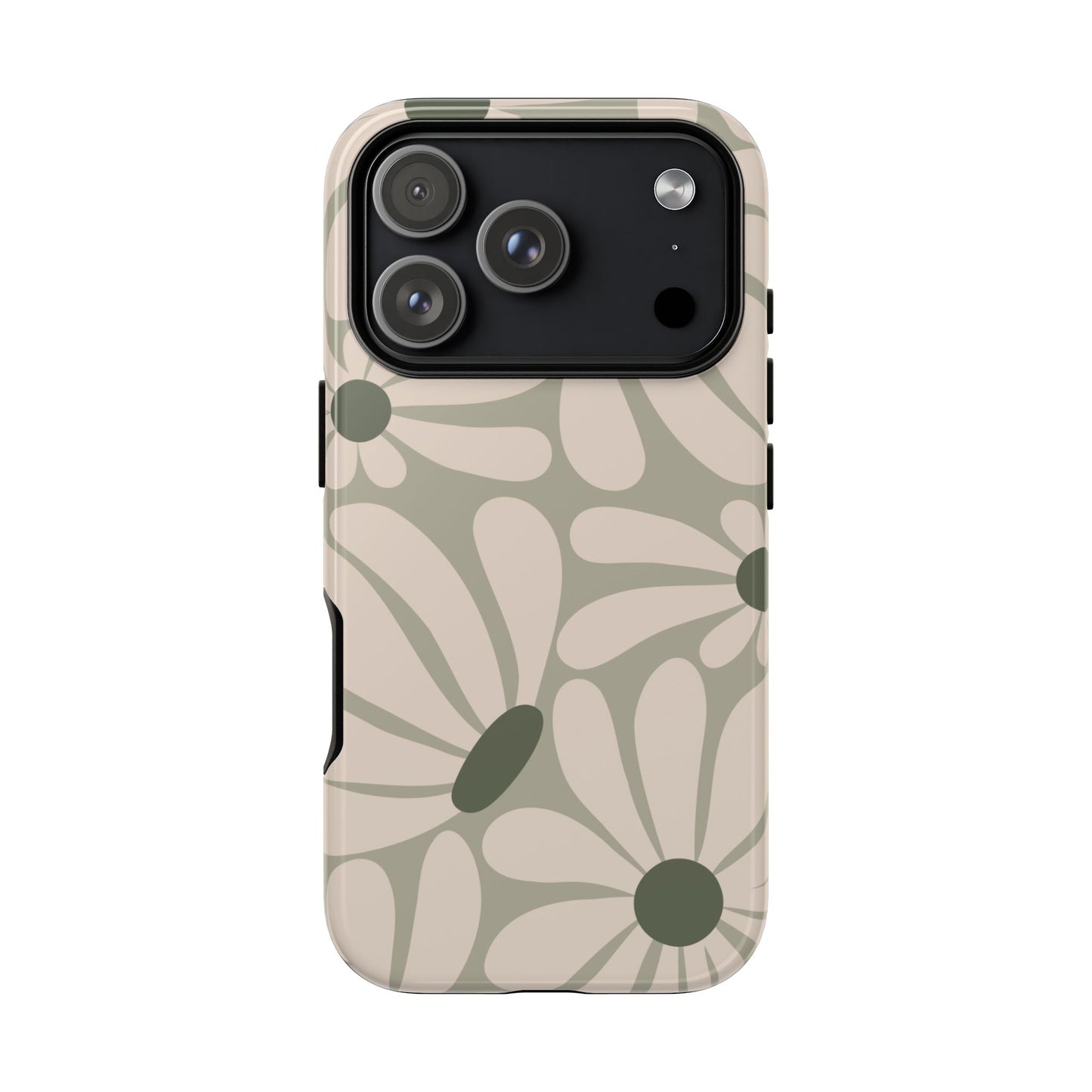 iPhone 17 Pro / Glossy Phone Case - ’Retro Cream & Green Daisy Pattern’ Phone Case