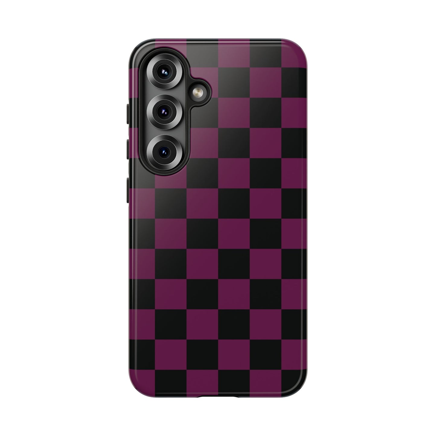 Samsung Galaxy S25 / Glossy Phone Case - Trendy Plum & Black Checked Pattern Phone Case
