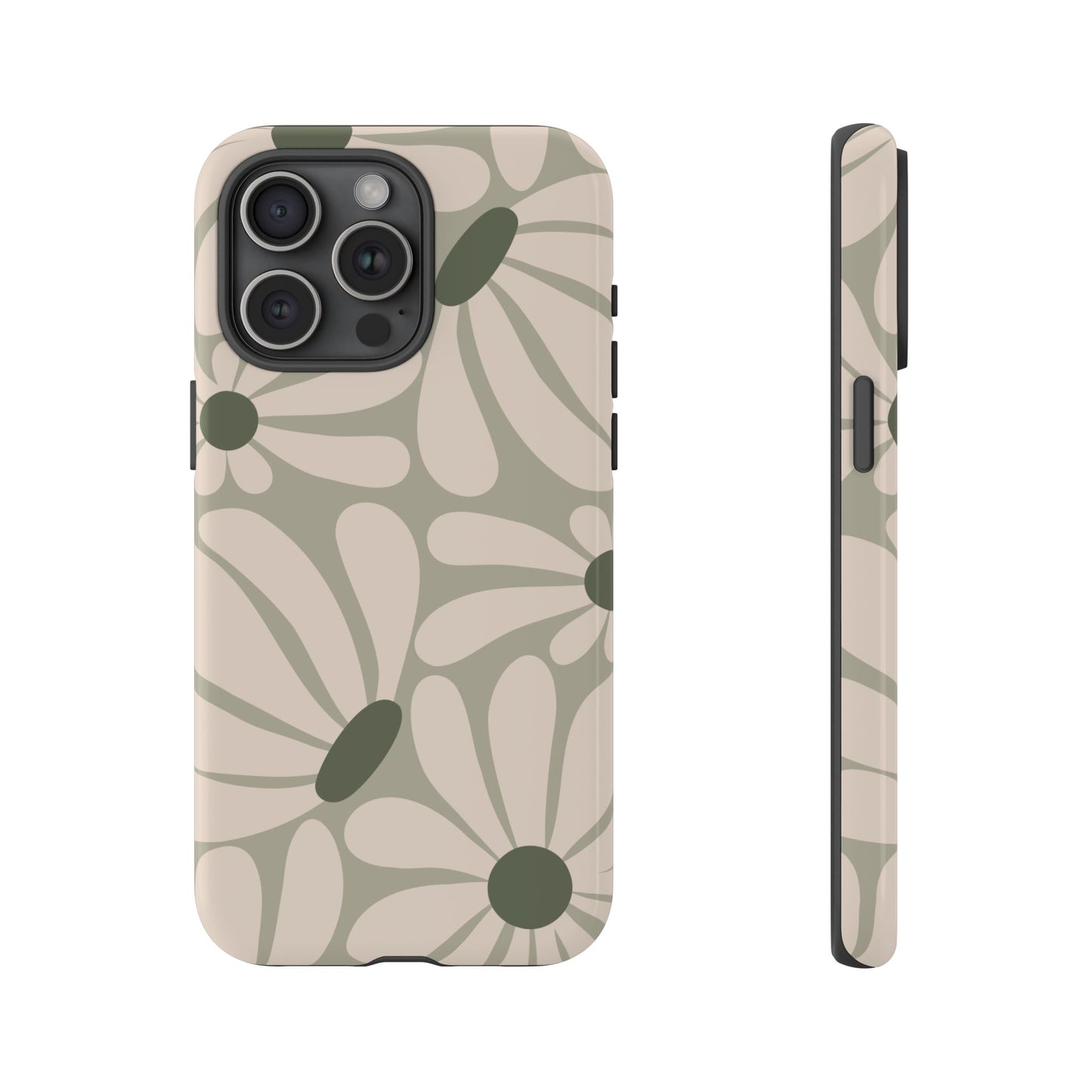 iPhone 15 Pro Max / Glossy Phone Case - ’Retro Cream & Green Daisy Pattern’ Phone Case