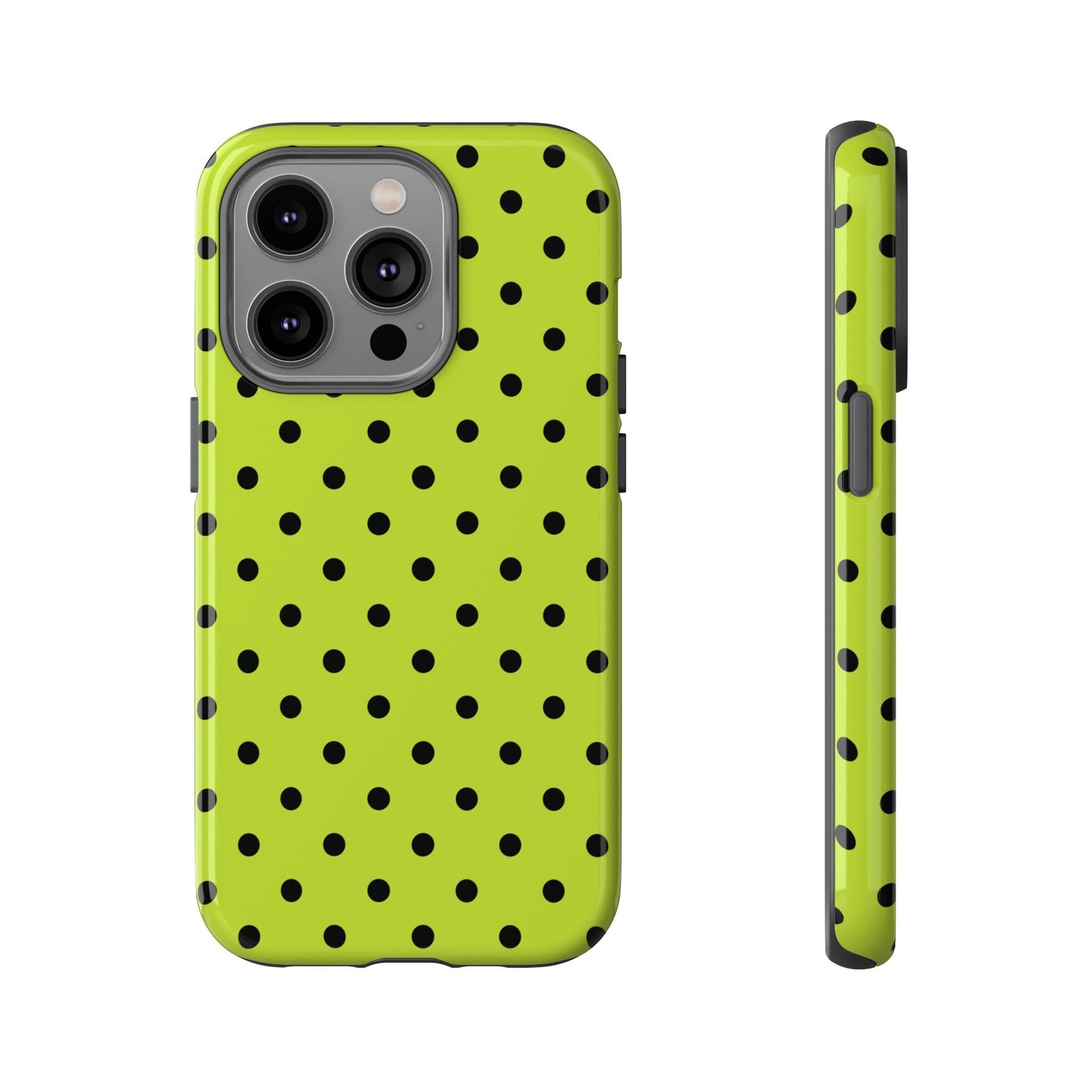 iPhone 14 Pro / Glossy Phone Case - Trendy Neon Lime Green & Black Dot Pattern Phone Case