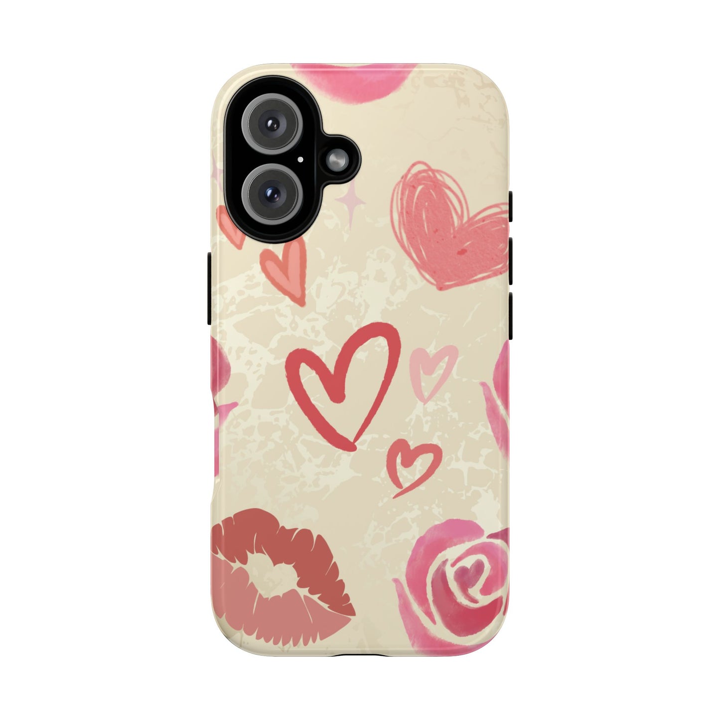 iPhone 16 / Glossy Phone Case - ’Pink Heart & Rose Pattern’ Phone Case