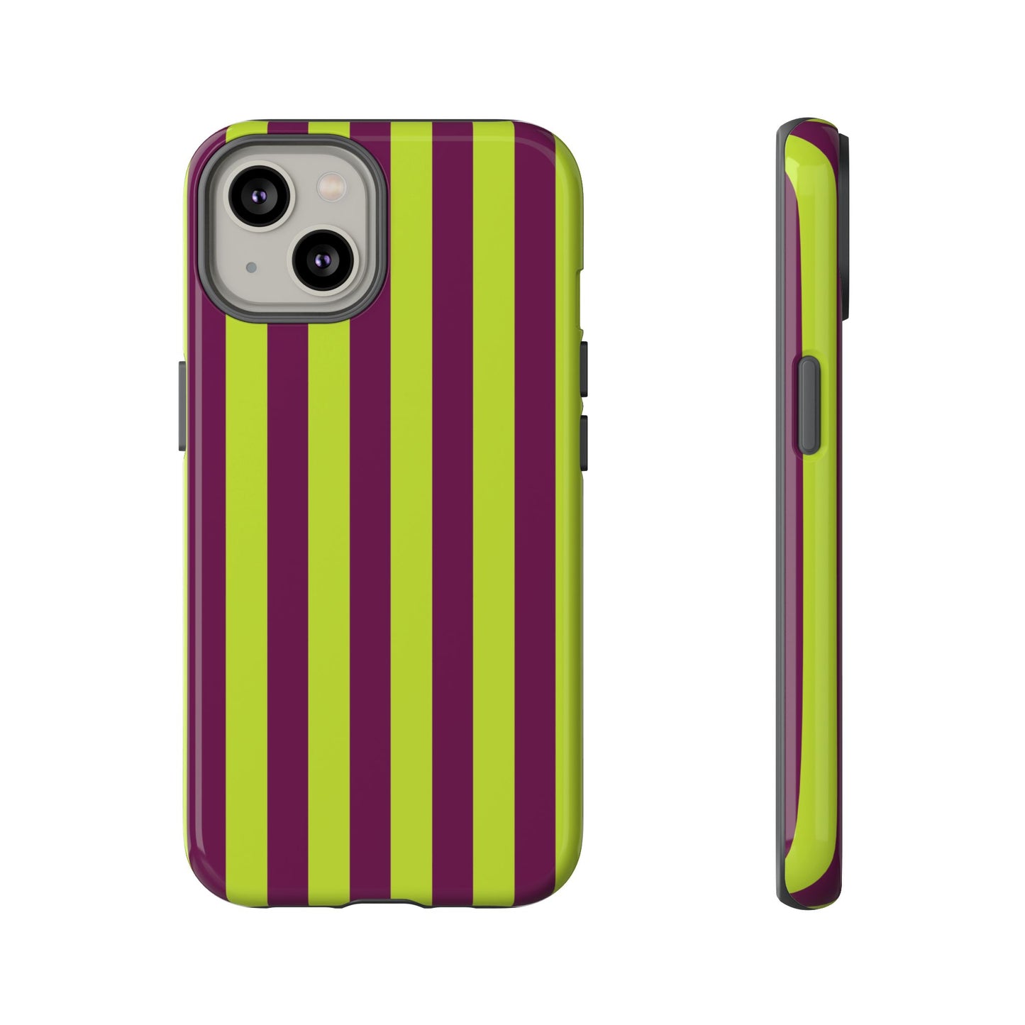 iPhone 14 / Glossy Phone Case - Trendy Neon Lime Green & Plum Stripe Pattern Phone Case