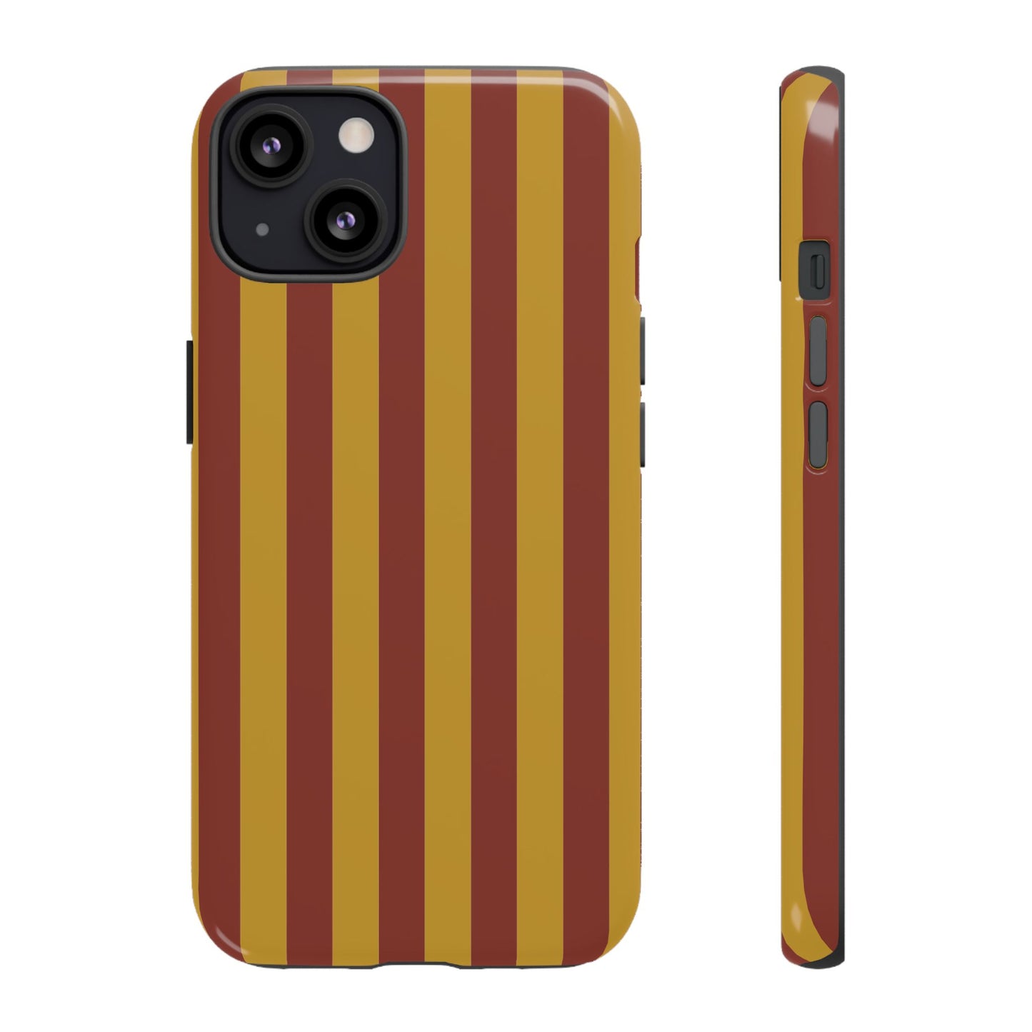 iPhone 13 / Glossy Phone Case - Trendy Mustard & Burgandy Stripe Pattern Phone Case