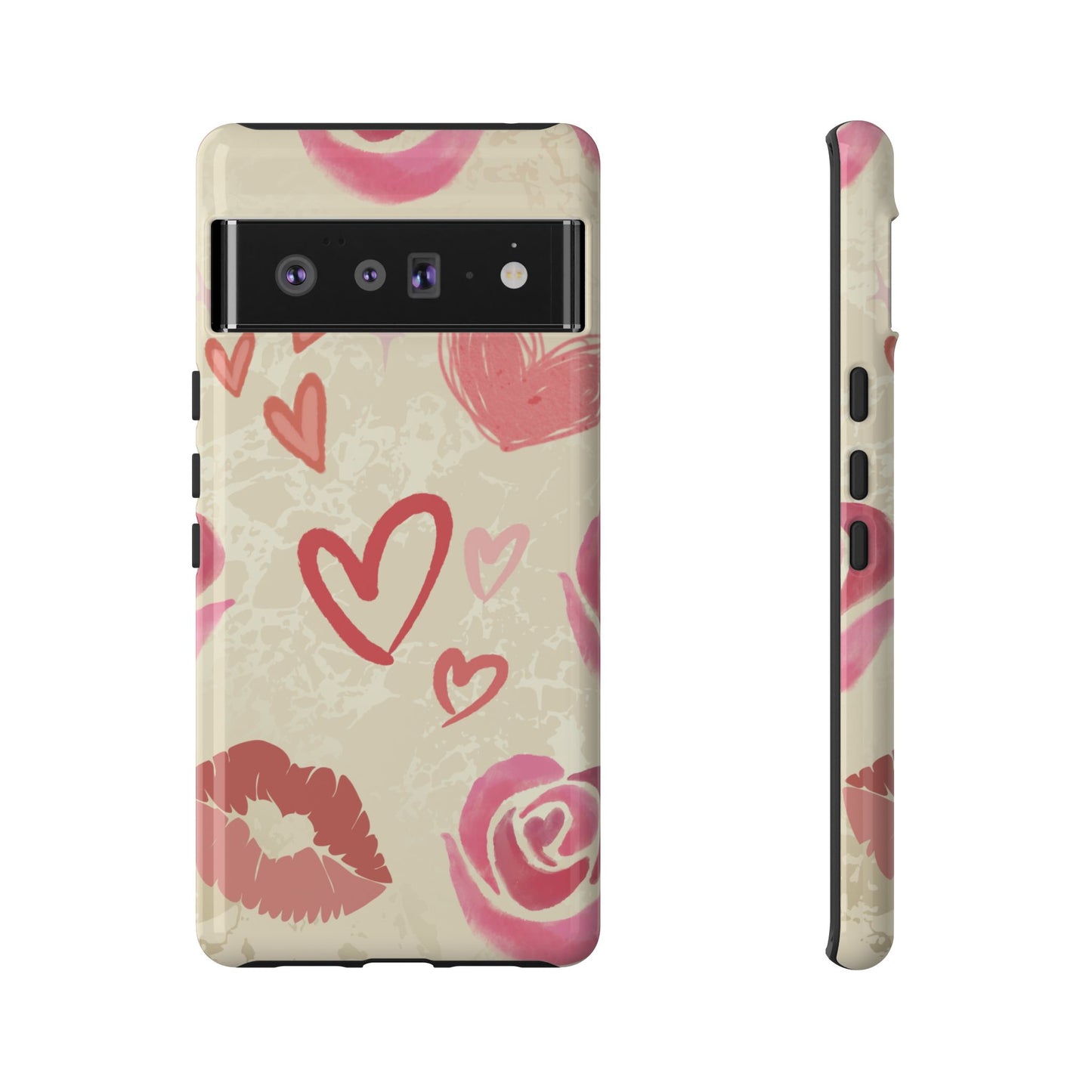 Google Pixel 6 Pro / Glossy Phone Case - ’Pink Heart & Rose Pattern’ Phone Case