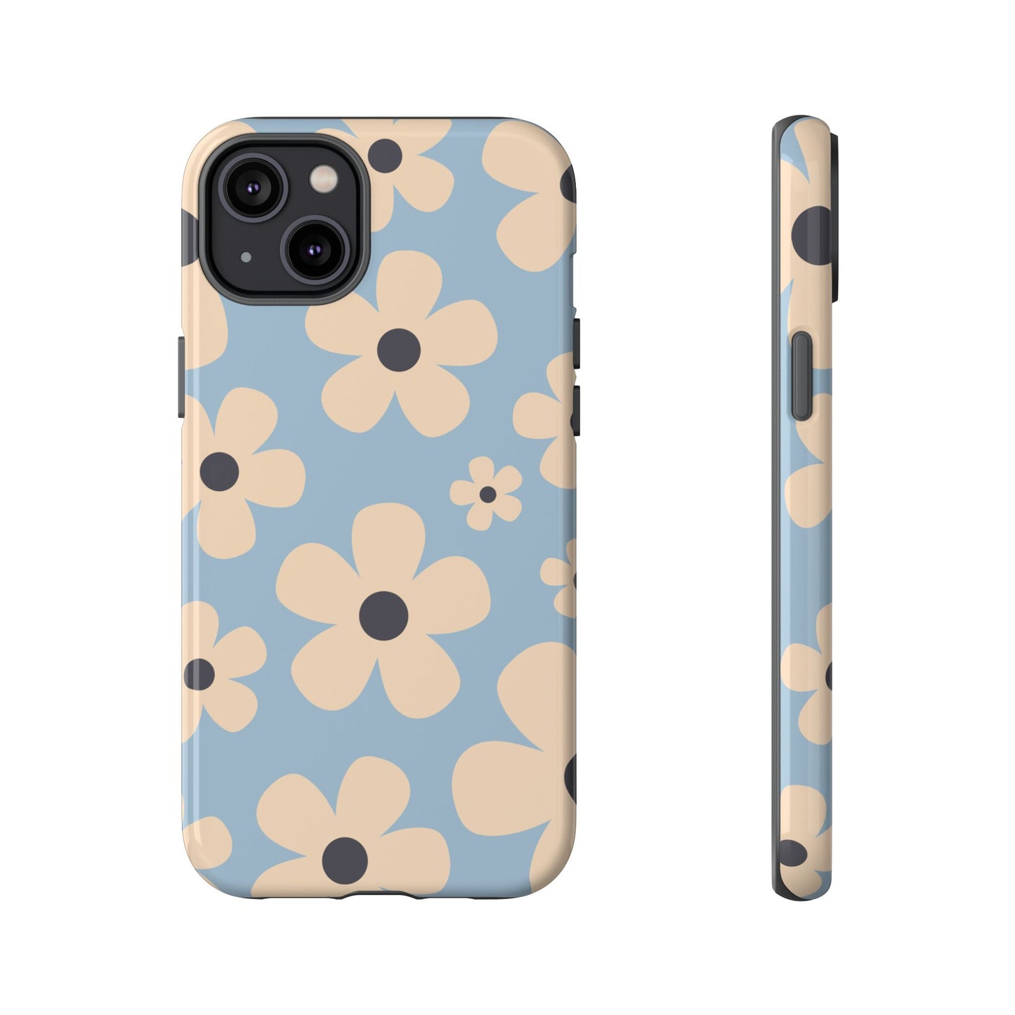 iPhone 14 Plus / Glossy Phone Case - Cute Light Blue & Cream Daisy Pattern Phone Case