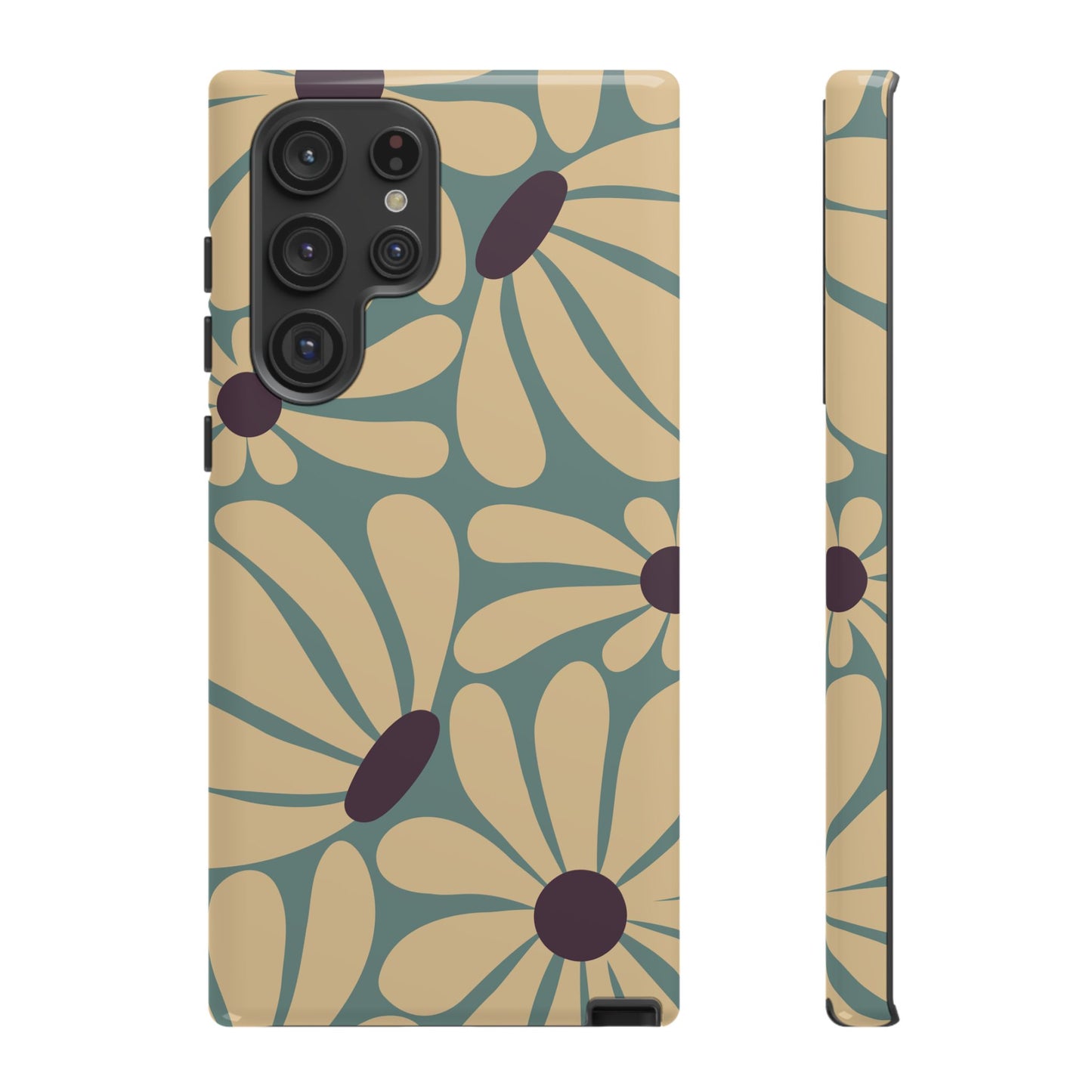 Samsung Galaxy S22 Ultra / Glossy Phone Case - ’Retro Cream & Blue Daisy Pattern’ Phone Case