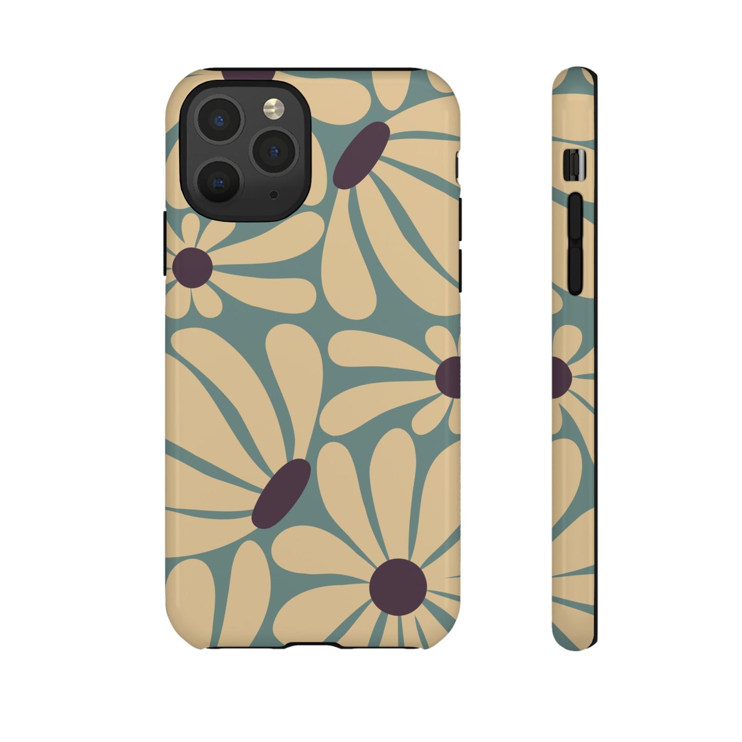 iPhone 11 Pro / Glossy Phone Case - ’Retro Cream & Blue Daisy Pattern’ Phone Case