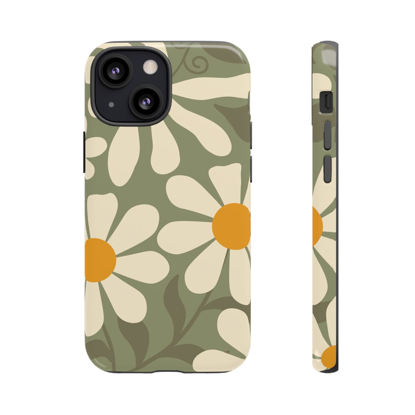 iPhone 13 Mini / Glossy Phone Case - ’Retro Green Daisy Pattern #2’ Phone Case