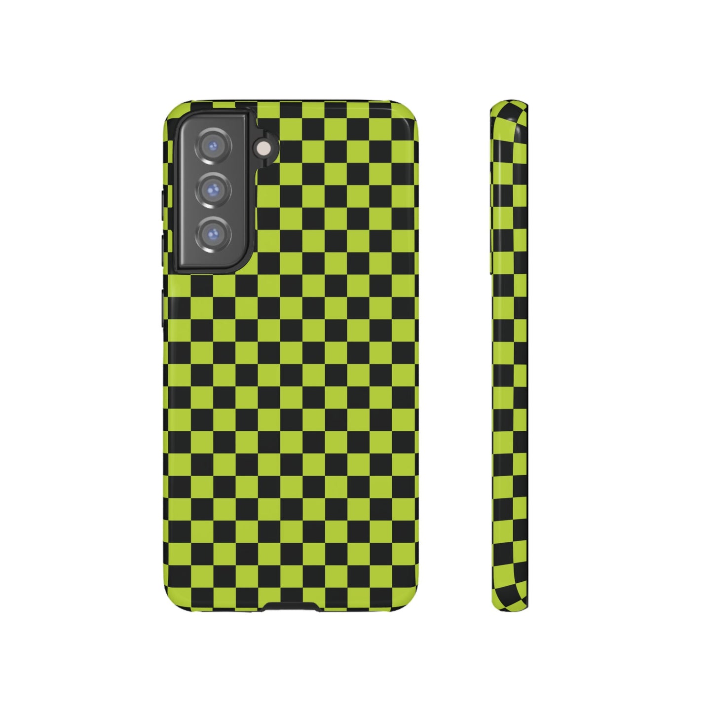Samsung Galaxy S21 FE / Glossy Phone Case - Trendy Neon Lime Green & Plum Small Checked Pattern Phone Case