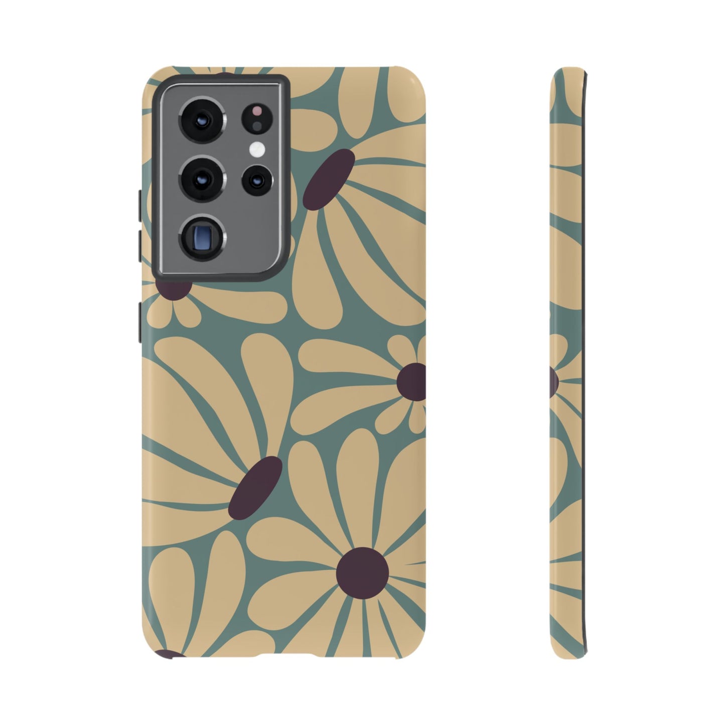 Samsung Galaxy S21 Ultra / Glossy Phone Case - ’Retro Cream & Blue Daisy Pattern’ Phone Case