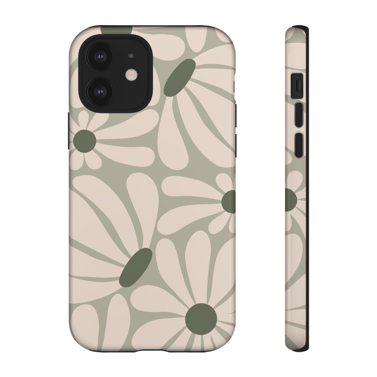 iPhone 12 / Glossy Phone Case - ’Retro Cream & Green Daisy Pattern’ Phone Case