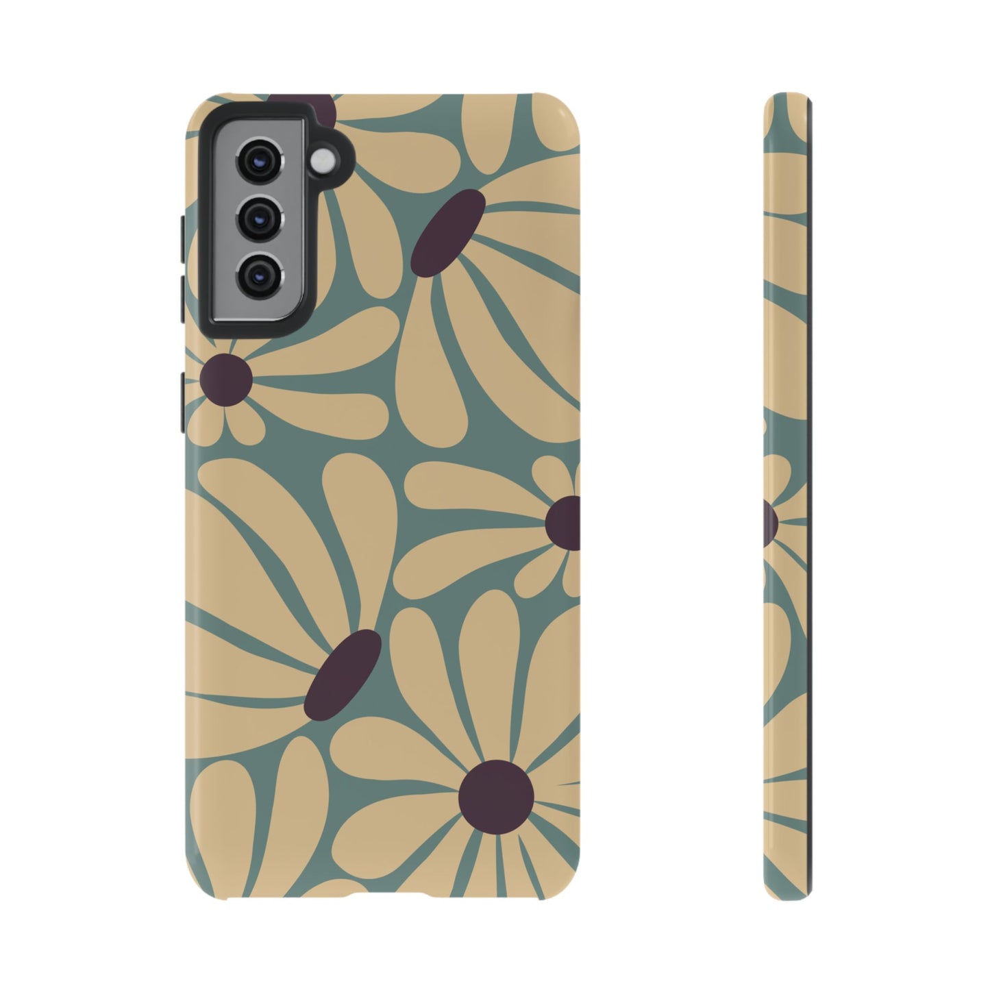 Samsung Galaxy S21 Plus / Glossy Phone Case - ’Retro Cream & Blue Daisy Pattern’ Phone Case