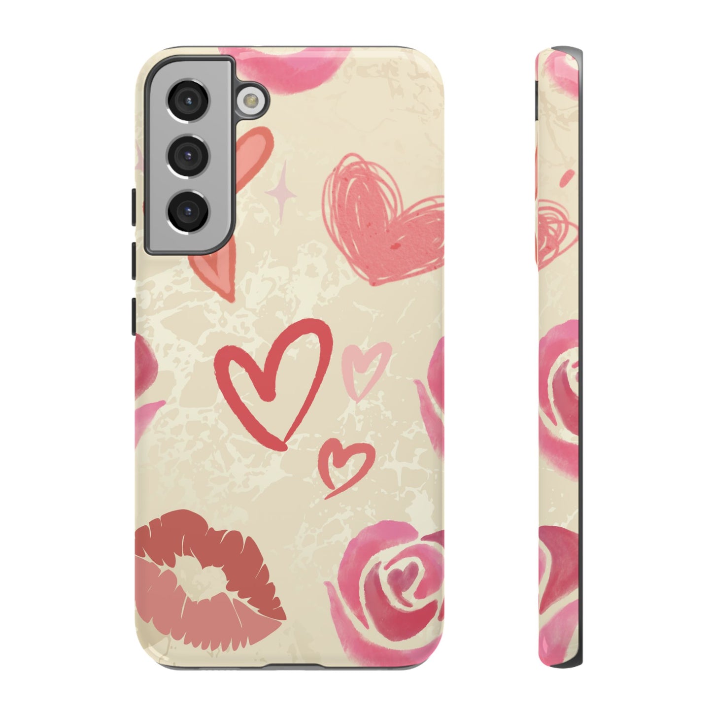 Samsung Galaxy S22 Plus / Glossy Phone Case - ’Pink Heart & Rose Pattern’ Phone Case