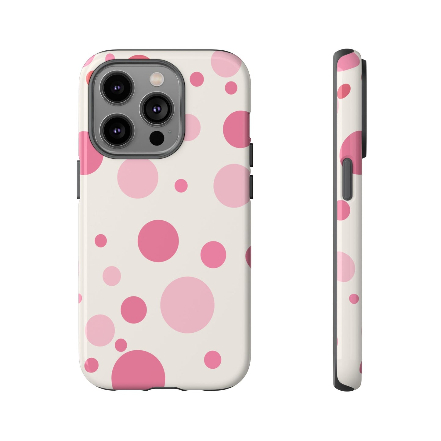 iPhone 14 Pro / Glossy Phone Case - ’Bold White with Pink Dot Pattern’ Phone Case