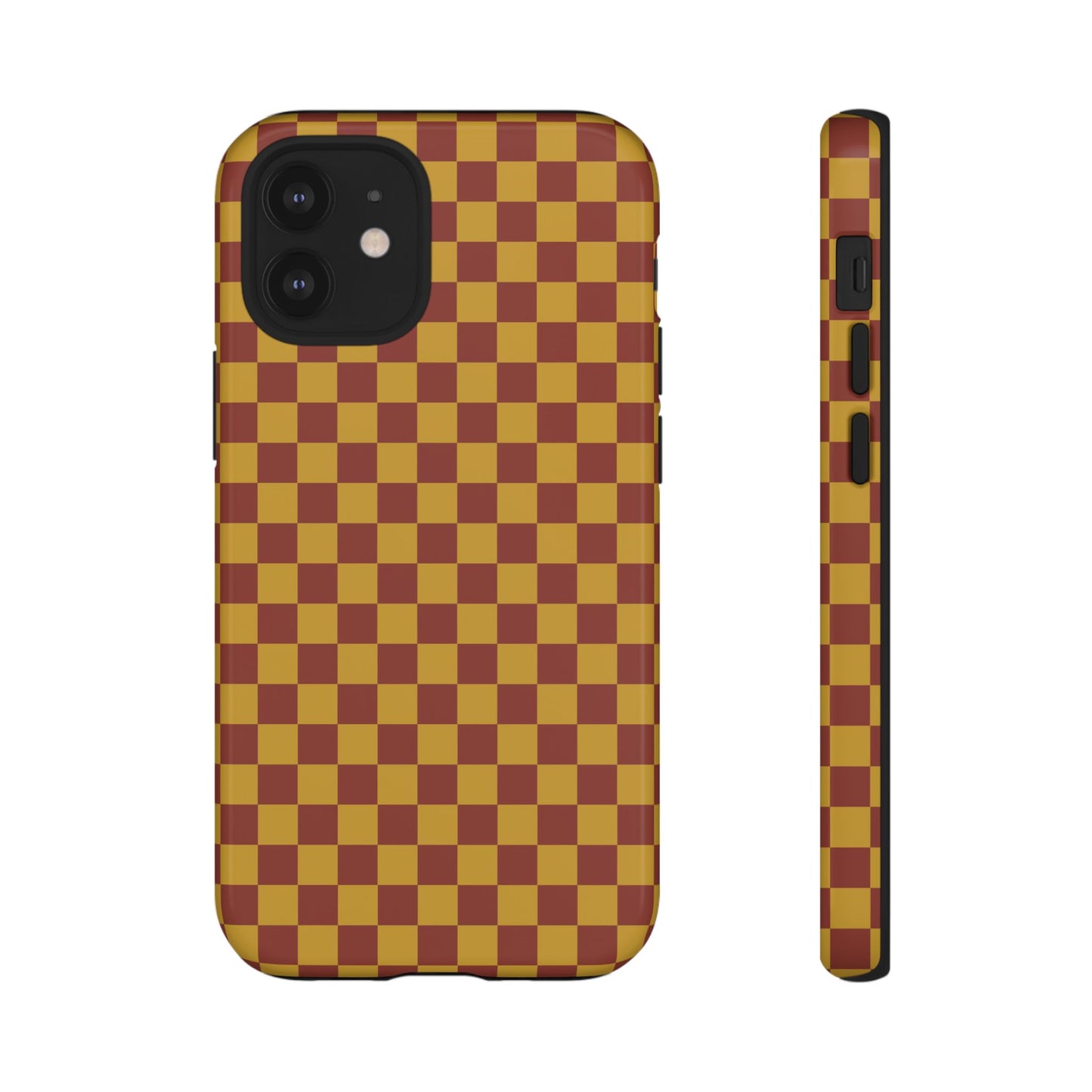 iPhone 12 Mini / Glossy Phone Case - Trendy Mustard & Burgandy Small Checked Pattern Phone Case