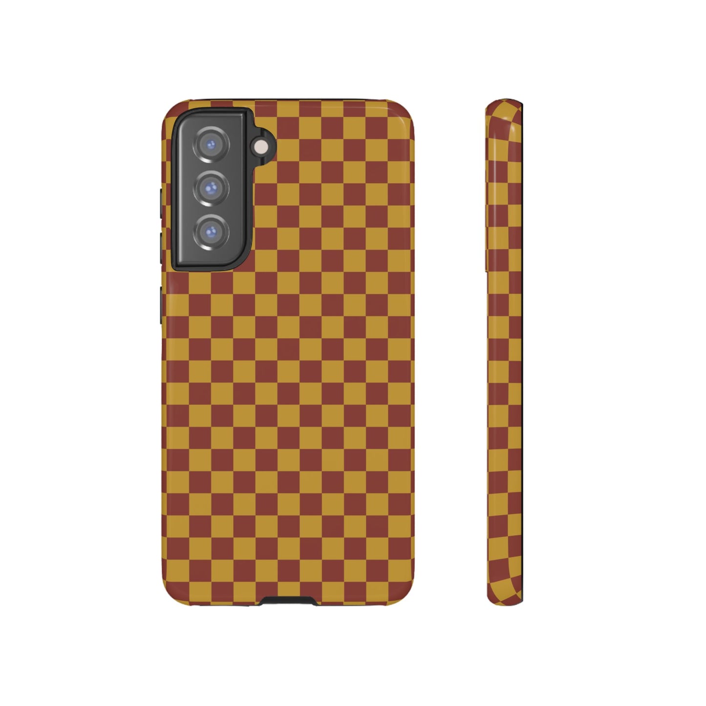 Samsung Galaxy S21 FE / Glossy Phone Case - Trendy Mustard & Burgandy Small Checked Pattern Phone Case