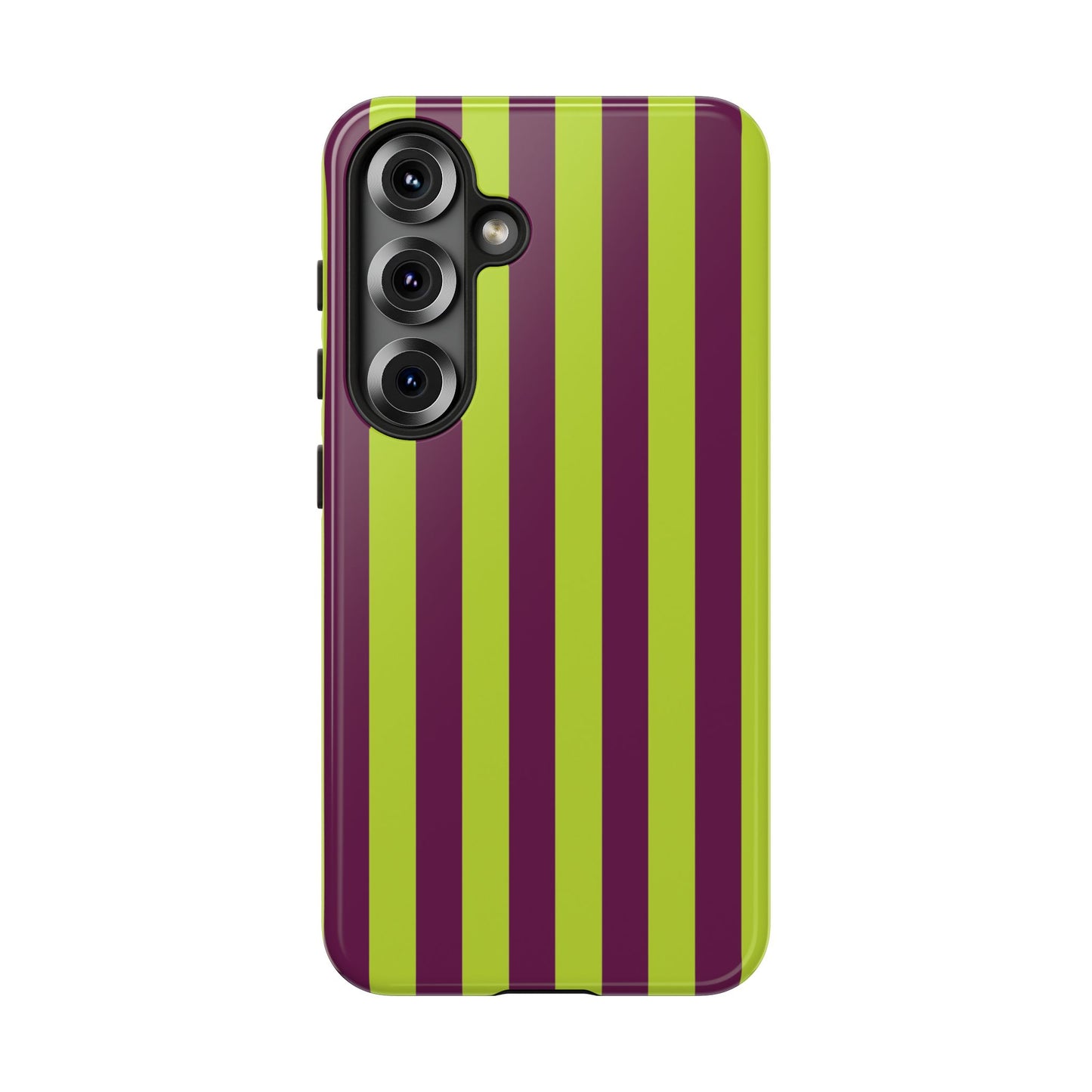 Samsung Galaxy S25 / Glossy Phone Case - Trendy Neon Lime Green & Plum Stripe Pattern Phone Case