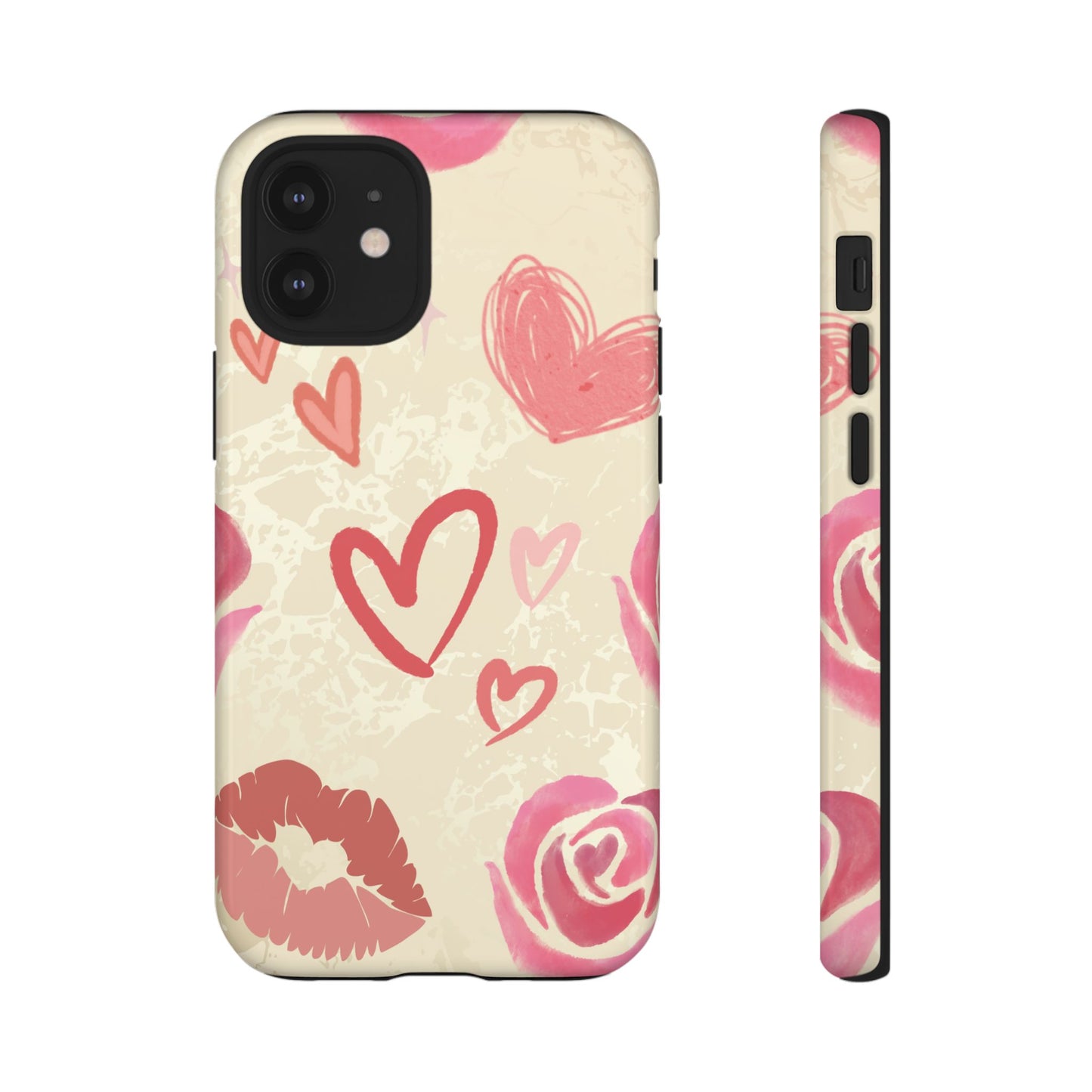 iPhone 12 Mini / Glossy Phone Case - ’Pink Heart & Rose Pattern’ Phone Case