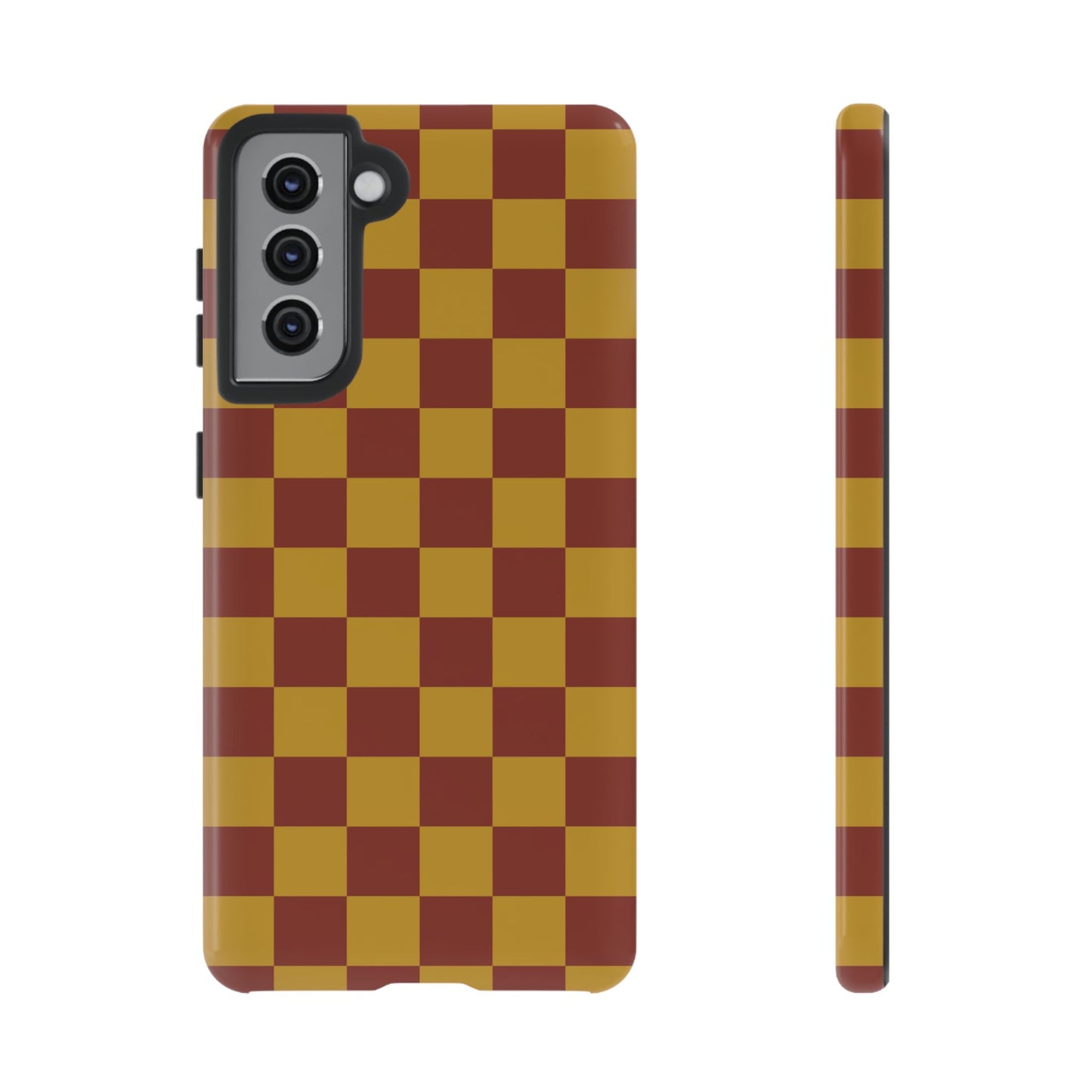 Samsung Galaxy S21 / Glossy Phone Case - Trendy Mustard & Burgandy Checked Pattern Phone Case