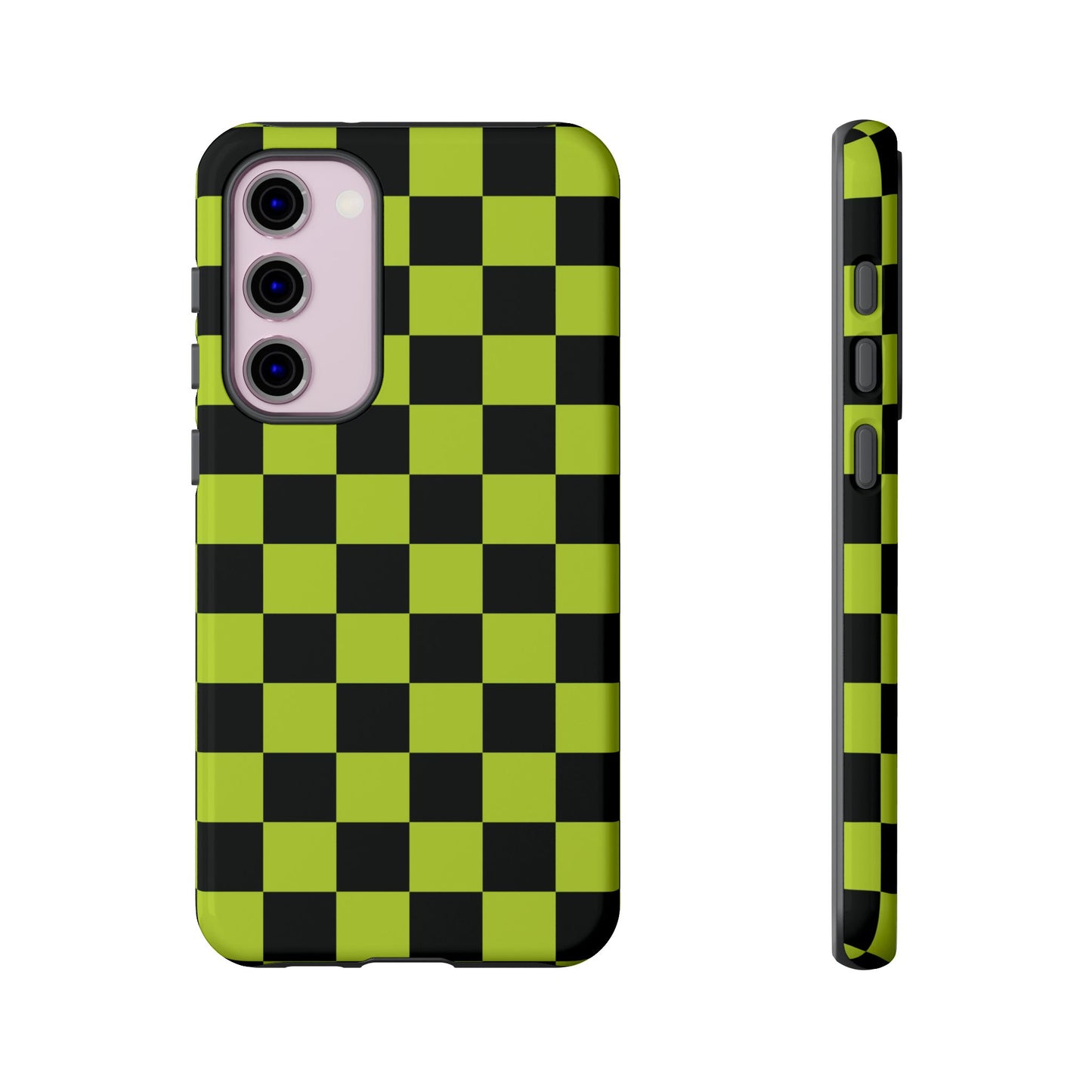 Samsung Galaxy S23 Plus / Glossy Phone Case - Trendy Neon Lime Green & Black Checked Pattern Phone Case
