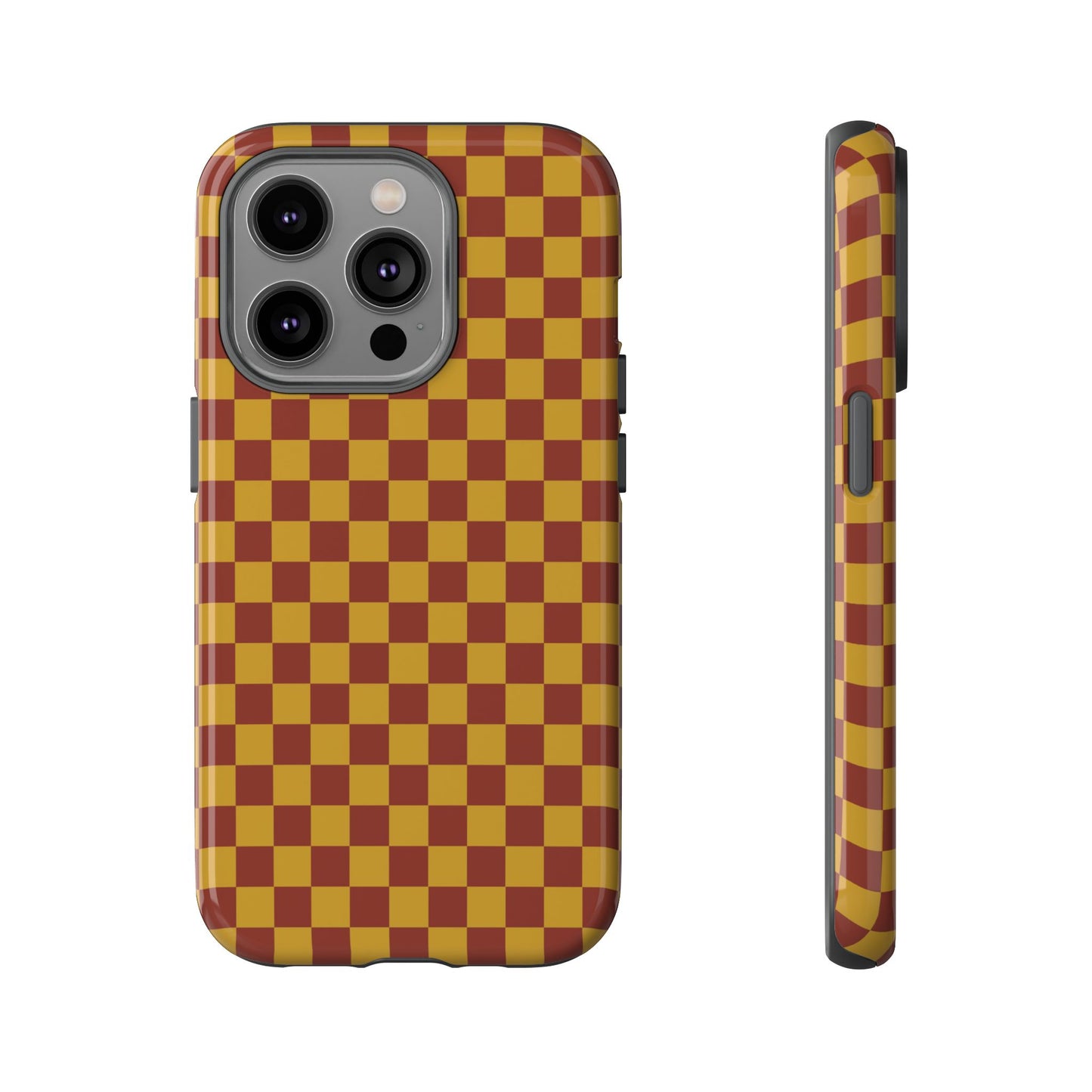iPhone 14 Pro / Glossy Phone Case - Trendy Mustard & Burgandy Small Checked Pattern Phone Case