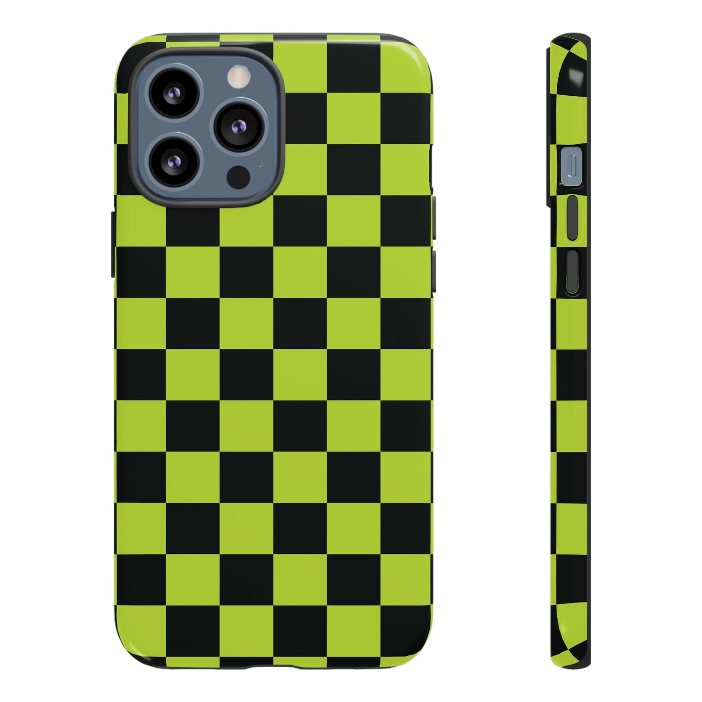 iPhone 13 Pro Max / Glossy Phone Case - Trendy Neon Lime Green & Black Checked Pattern Phone Case