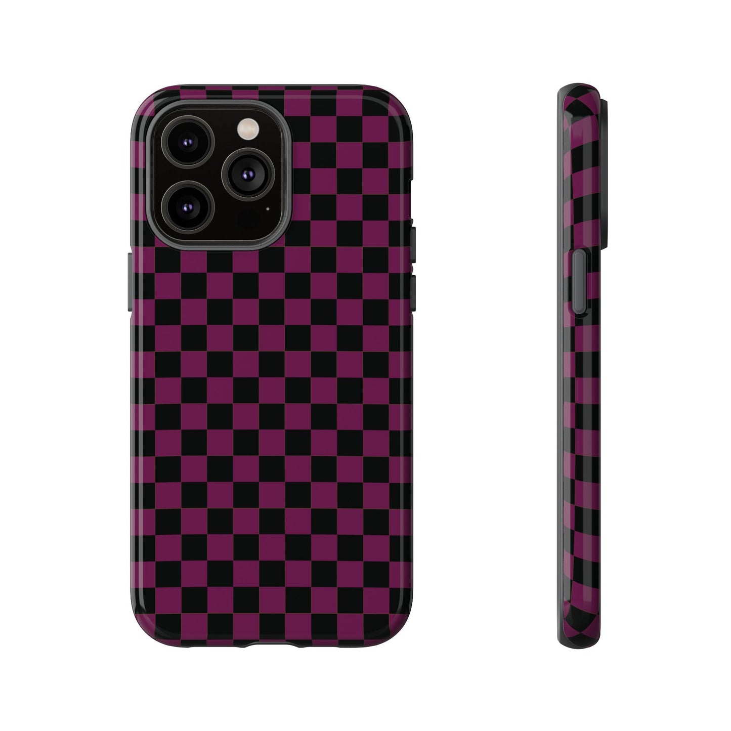 iPhone 14 Pro Max / Glossy Phone Case - Trendy Plum & Black Small Checked Pattern Phone Case