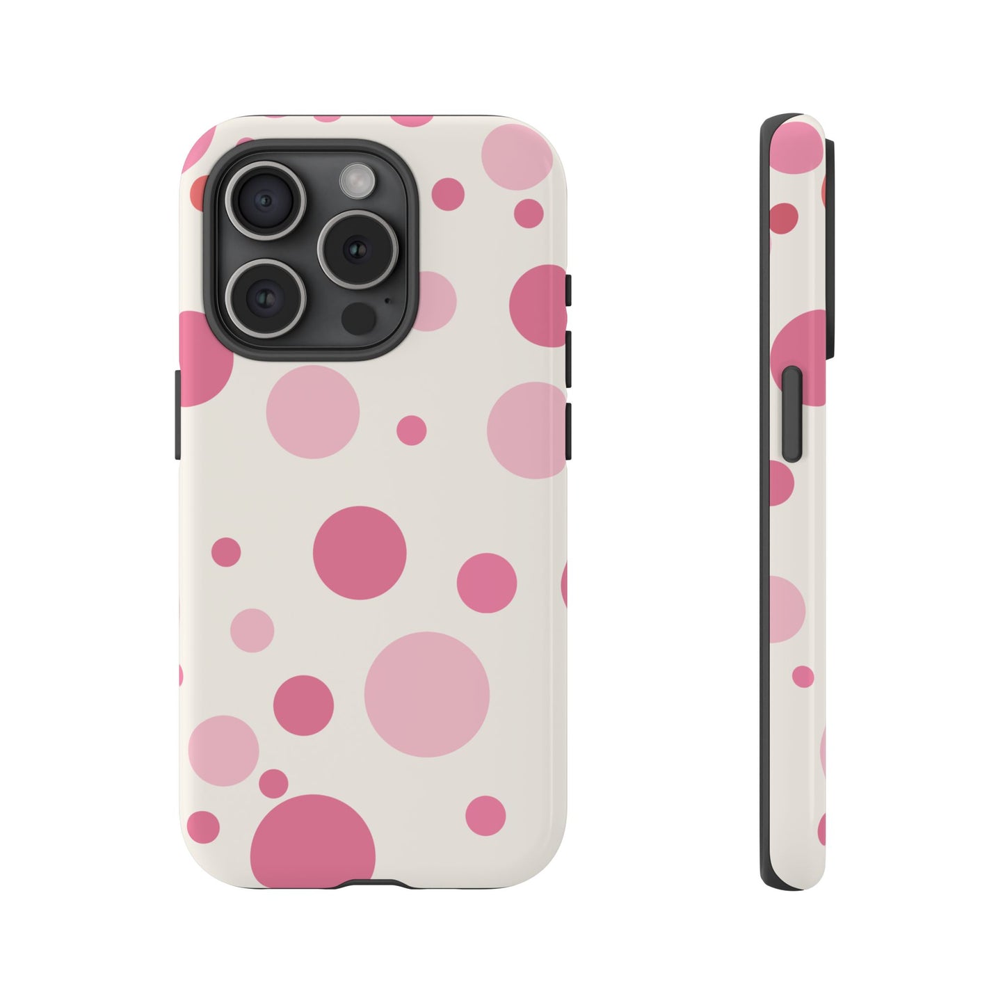 iPhone 15 Pro / Glossy Phone Case - ’Bold White with Pink Dot Pattern’ Phone Case